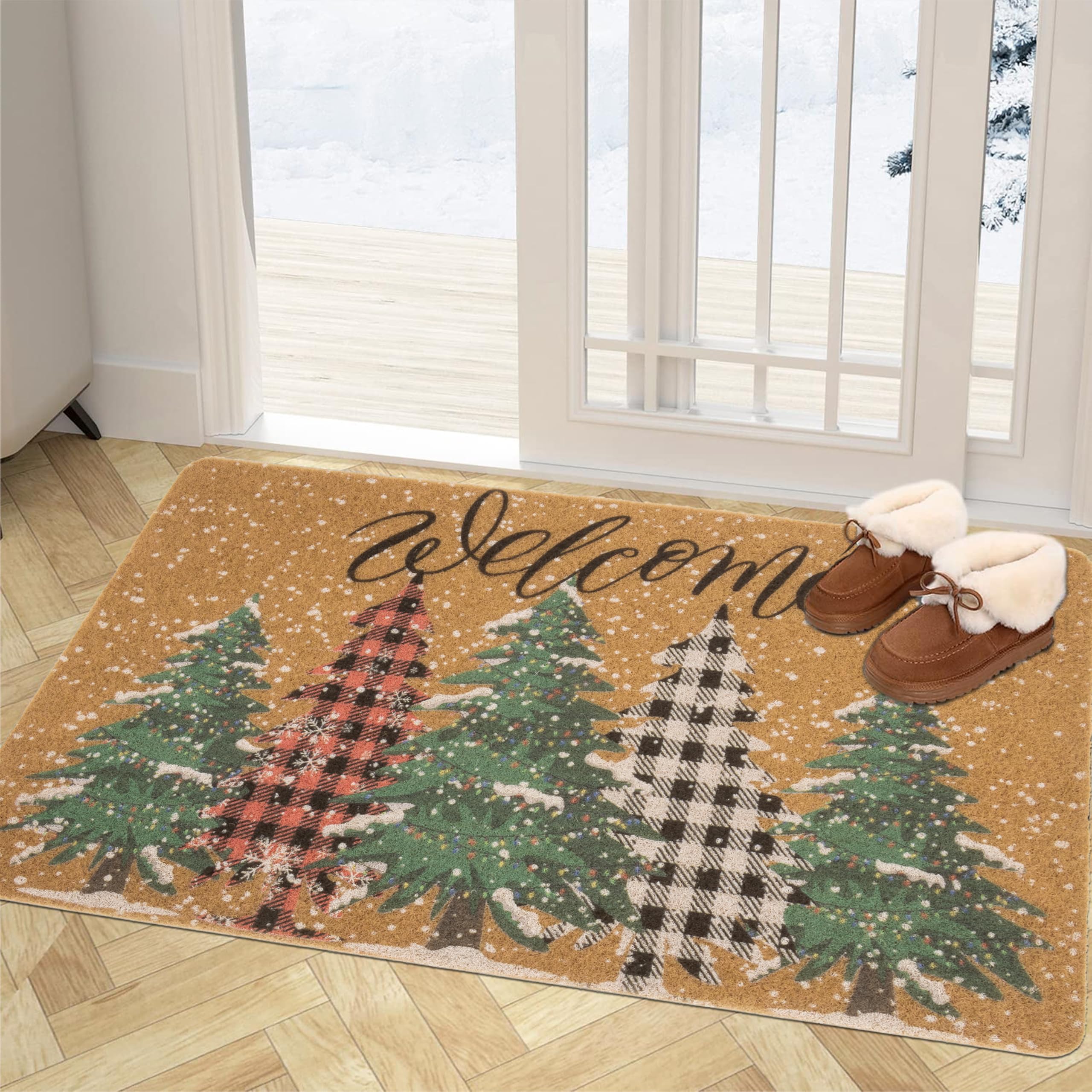 Zerbino di benvenuto natalizio per ingresso esterno – porta anteriore antiscivolo pini zerbino decorativo invernale 43,2 x 73,7 cm