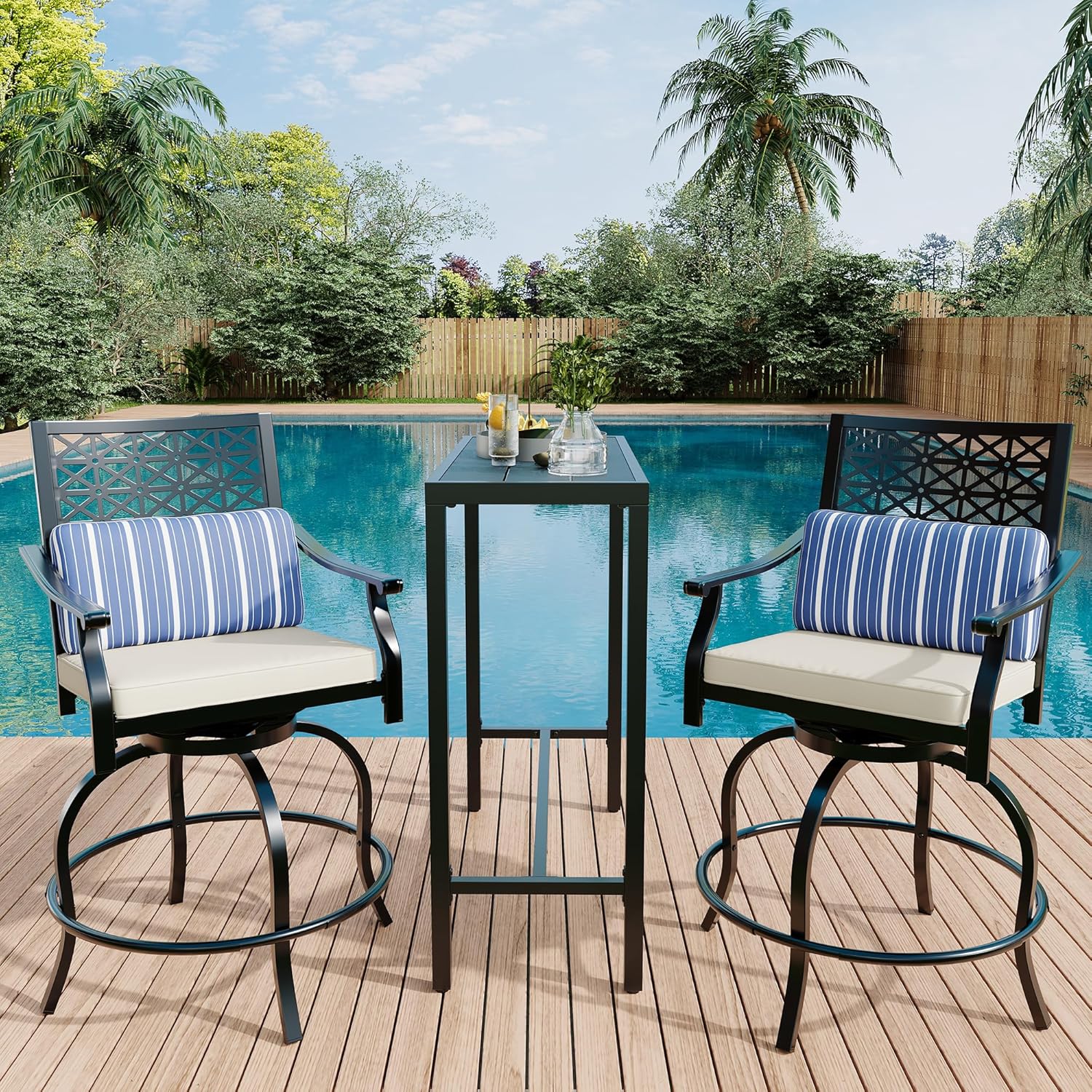 3 PCS Swivel Patio Chairs Set with Beige Cushions, 3 Pieces Outdoor Bar Set with 2 Swivel Counter Height Bar Stools, High BistroSets with 2 Outdoor Bar Stools and 1 BarTable