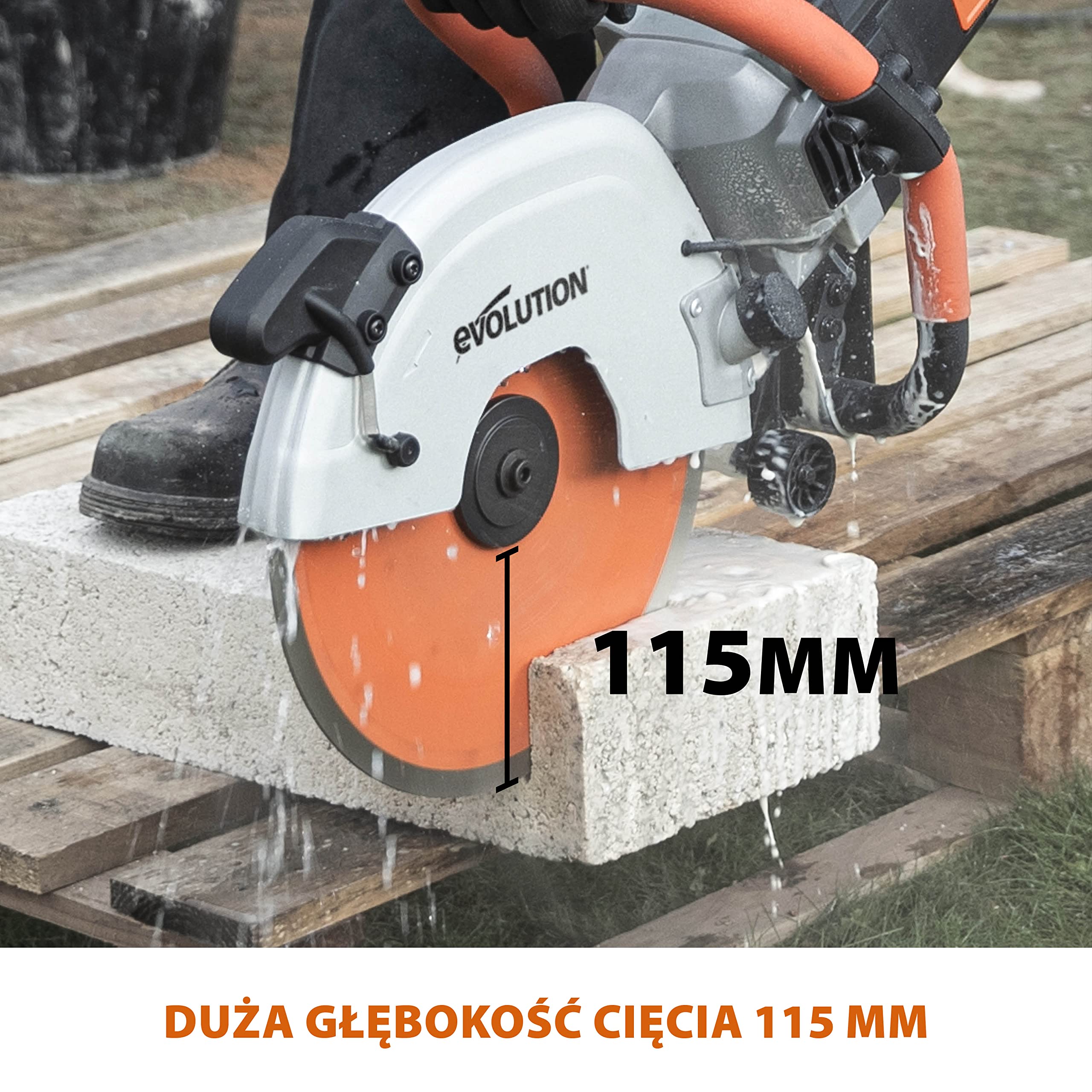 Evolution Power Tools Elektryczna przecinarka tarczowa i pilarka do betonu R300DCT+ z funkcją tłumienia pyłu z użyciem wody i tarczą diamentową Premium 300 mm