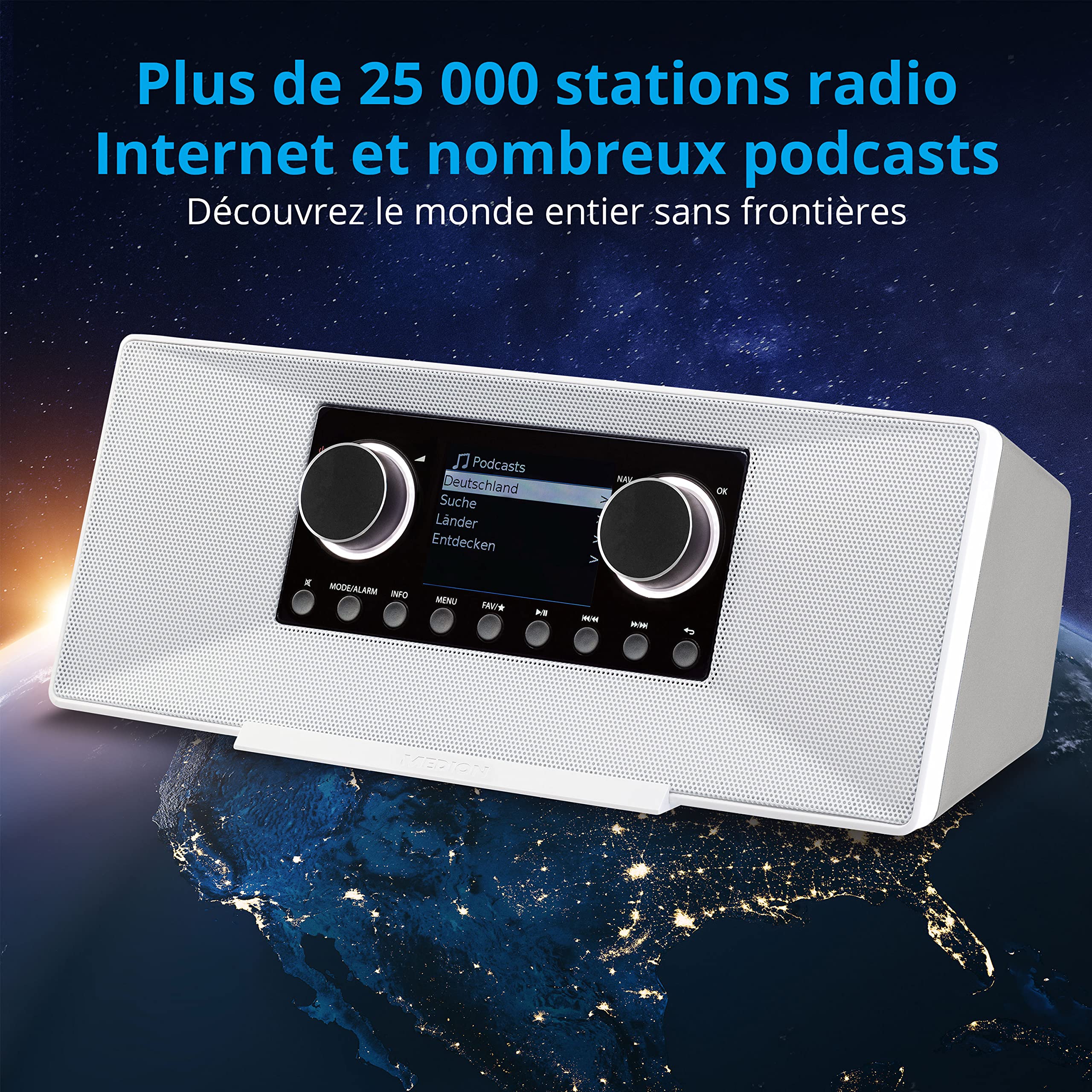 MEDION P85333 Radio Internet avec Dab+ (WiFi, FM, Spotify Connect, Amazon Music, USB, Prise Casque, AUX, Stereo Line-Out Cinch, Sleep Timer) Blanc