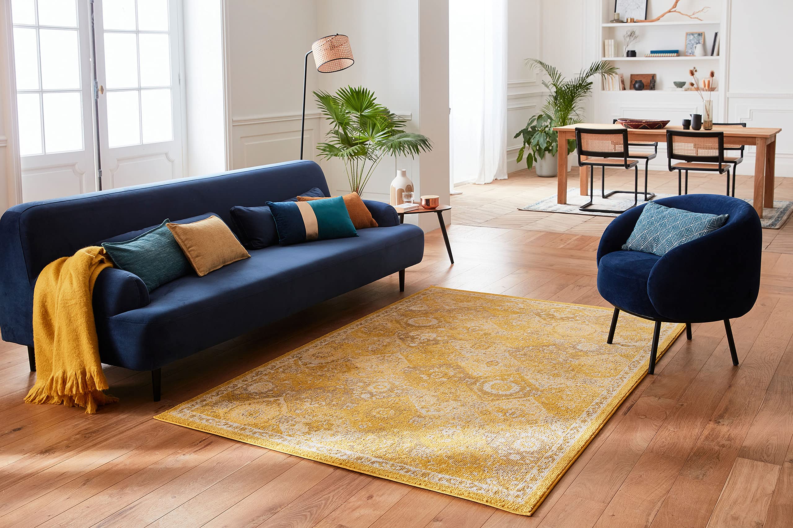 Nazar Tapis de Salon Vintage Style Moderne à Poils Ras, Lavable, pour Chambre (160x230 cm, 768 Jaune)