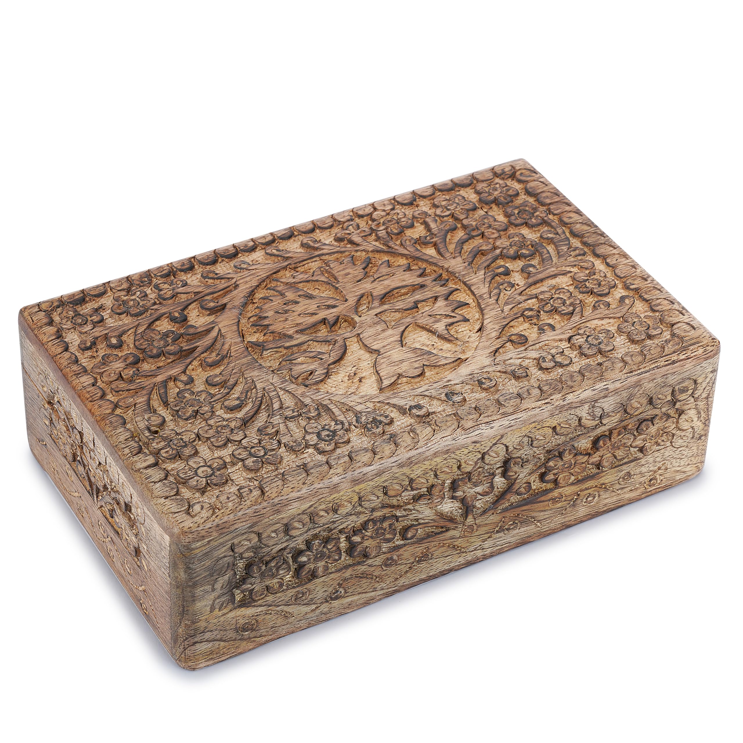 Ajuny Tree of Life Wooden Keepsake Box 8 x 5 Inch, Hand Carved Mango Wood Trinket Holder Storage Organiser, Vintage Decorative Jewellery Box Unique Gift for Home Décor