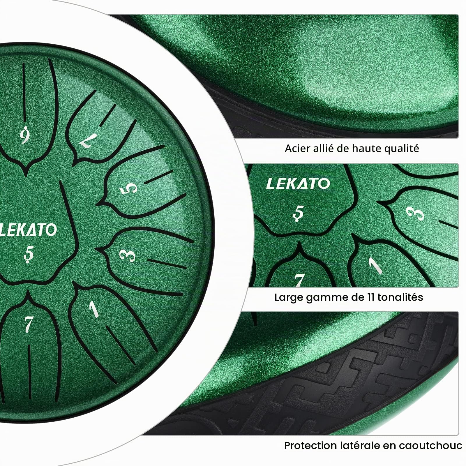 LEKATO Steel Tongue Drum à 6 Pouce 11 Notes Ré(D) Majeur, Steel Handpan Mini Tambour à Langue pour Débutant, Idéal Pour Méditation, Yoga, Education Musicale, Vert