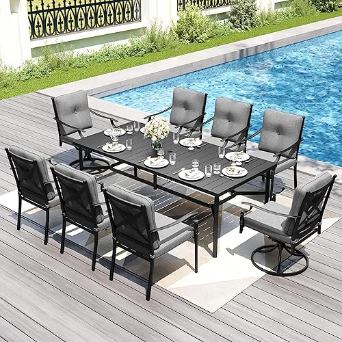 Miniatura 15 de PHI VILLA Juego de comedor al aire libre de 7 piezas para 6, mesa de comedor rectangular de acero negro con sillas fijas y giratorias de hierro,
