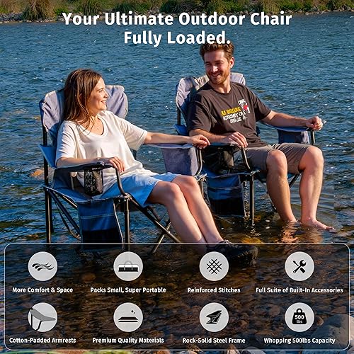 Miniatura 7 de East Oak Silla de campamento de gran tamaño, sillas de campamento resistentes, soporte de 500 libras, Oxford 600D, portavasos y bolsillo lateral,