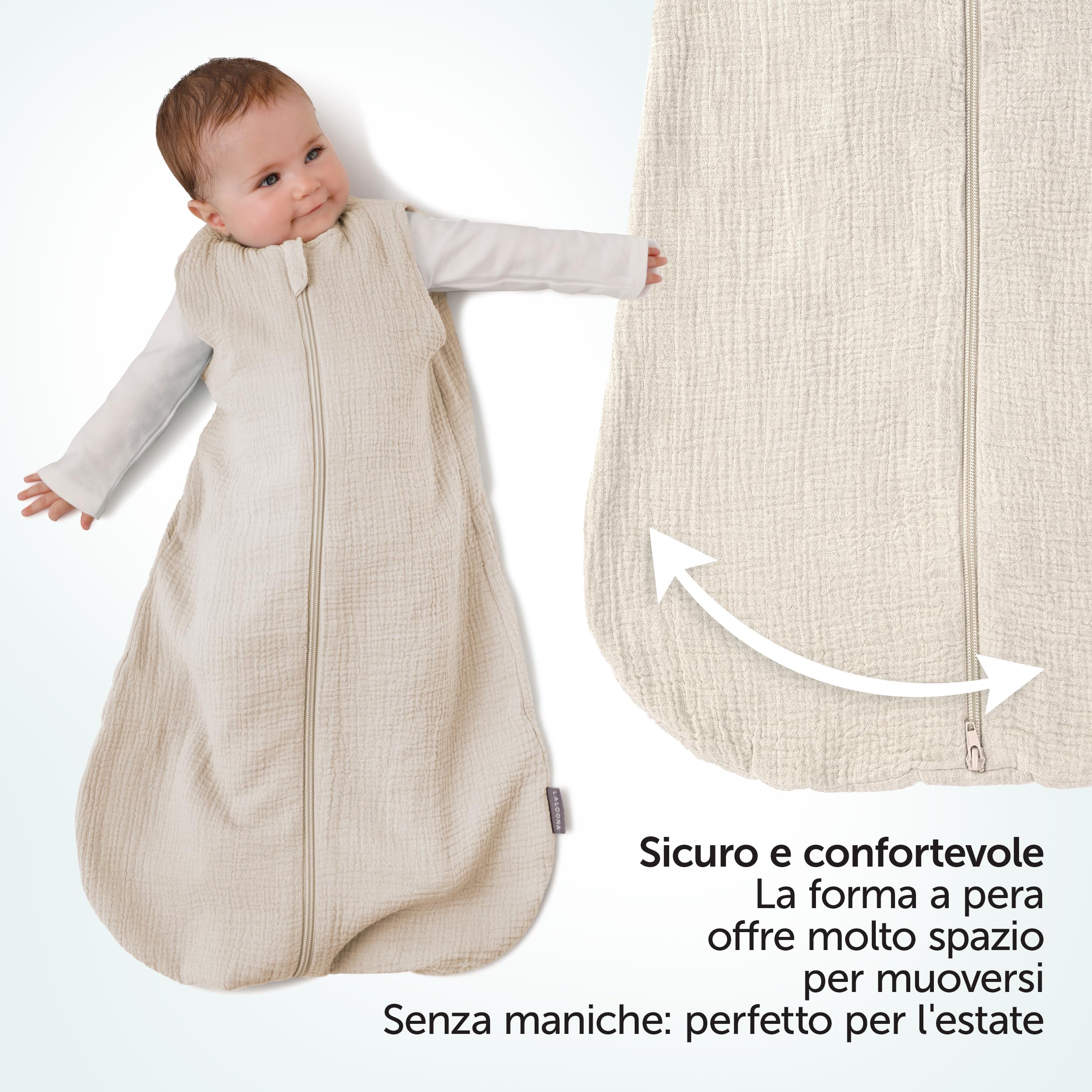 LaLoona Sacco Nanna Estivo Senza Maniche - Sacco a Pelo Estivo per Bambini Primavera/Estate, 0,5 TOG, 100% cotone, OekoTex Standard 100 - (Beige, 70 cm)