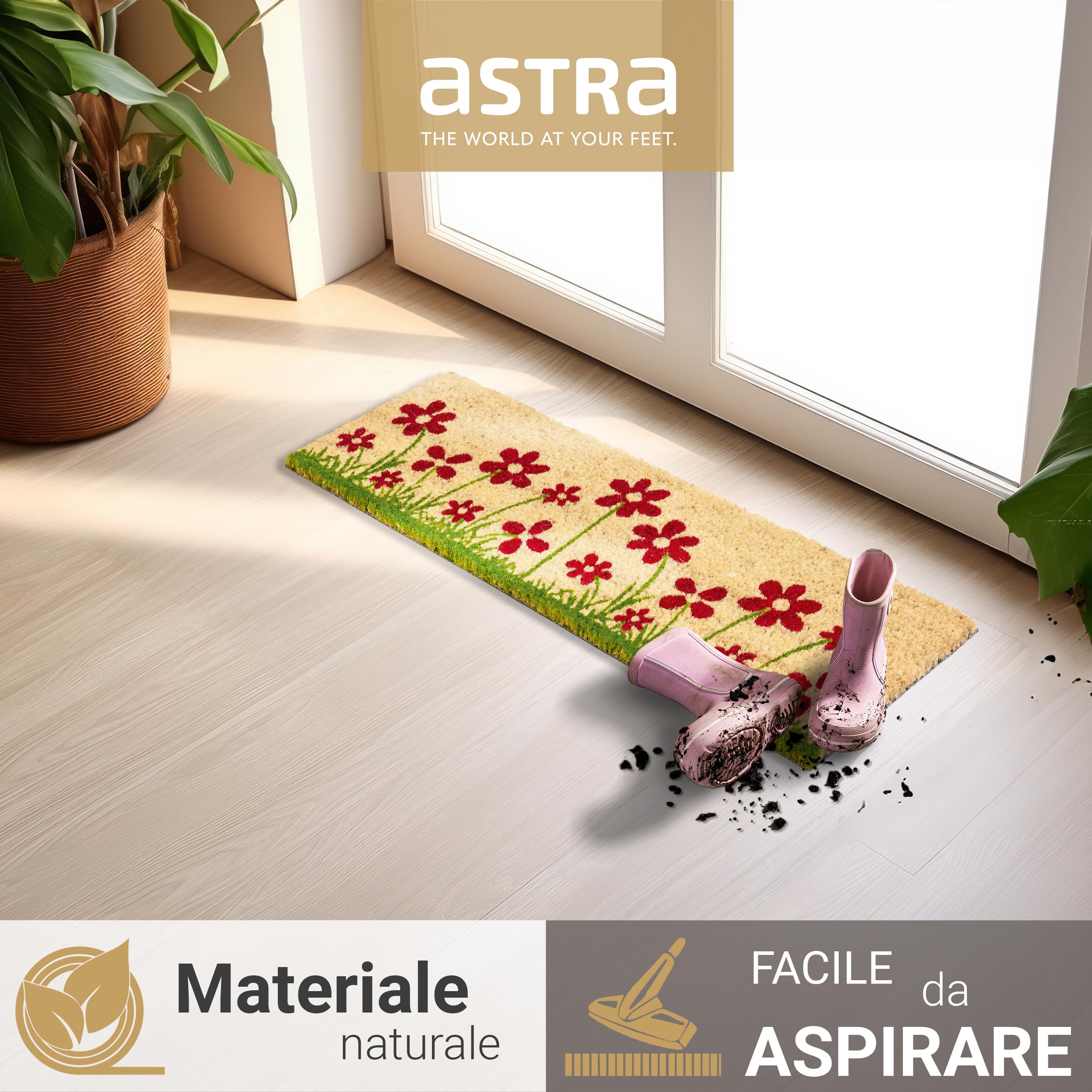 Astra Zerbino per interni Fiori naturali 25 x 75 cm - Tappetino stretto in cocco antiscivolo per interni ed esterni coperti - Zerbino per scarpe 100% cocco