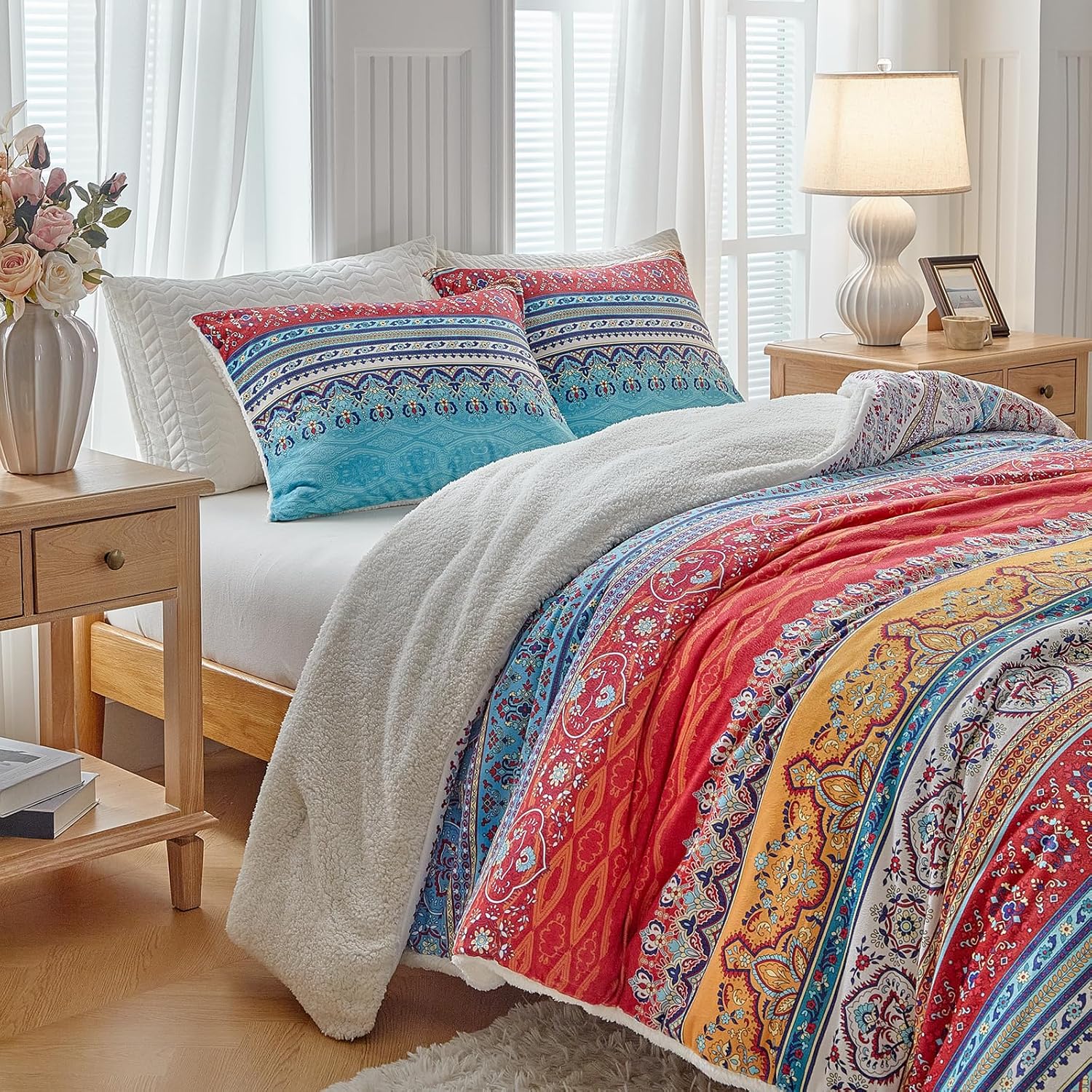 Tititada 3 Pieces Thick Flannel Bohemian Blanket with 2 Shams King Size Warm for Winter, Boho Striped 3-Layer Elegant Flannel Sherpa Blanket Set with Soft Microfiber (King, Blue n Red)