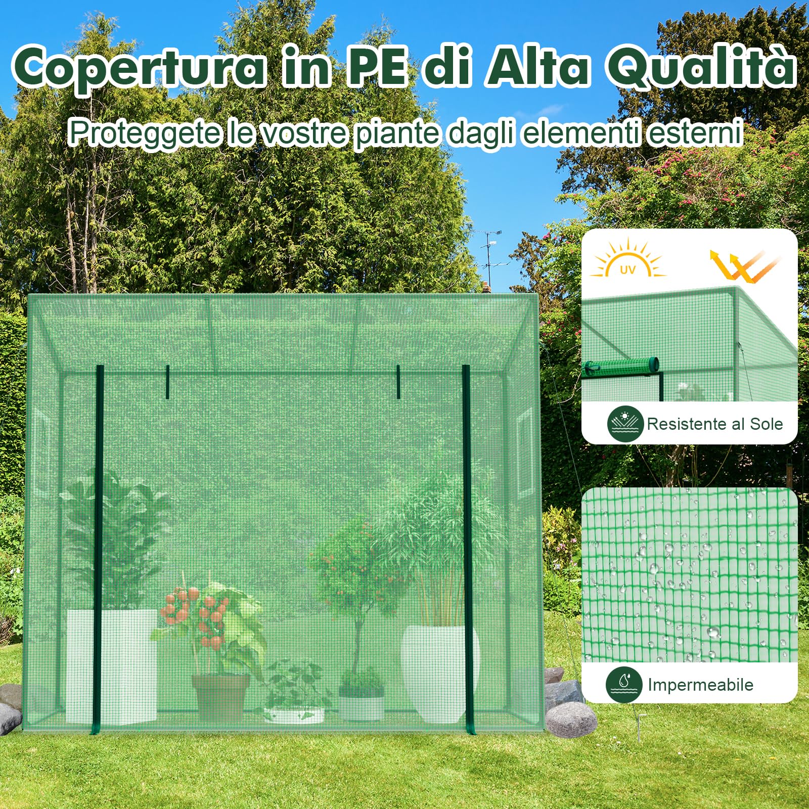 GYMAX Serra da Giardino, Serra Portatile Mini Esterna con Copertura in PE, 4 Corde Antivento e Picchetti da Terra, Porta a Cerniera con Avvolgimento, 200 x 77 x 169 cm (Verde-1)