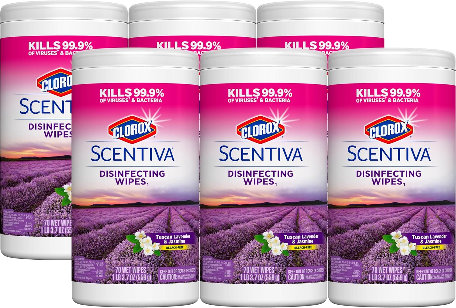 Clorox Scentiva Wipes, Bleach Free Cleaning Wipes - Tuscan Lavender & Jasmine, 70 Count (Pack of 6) (31629)