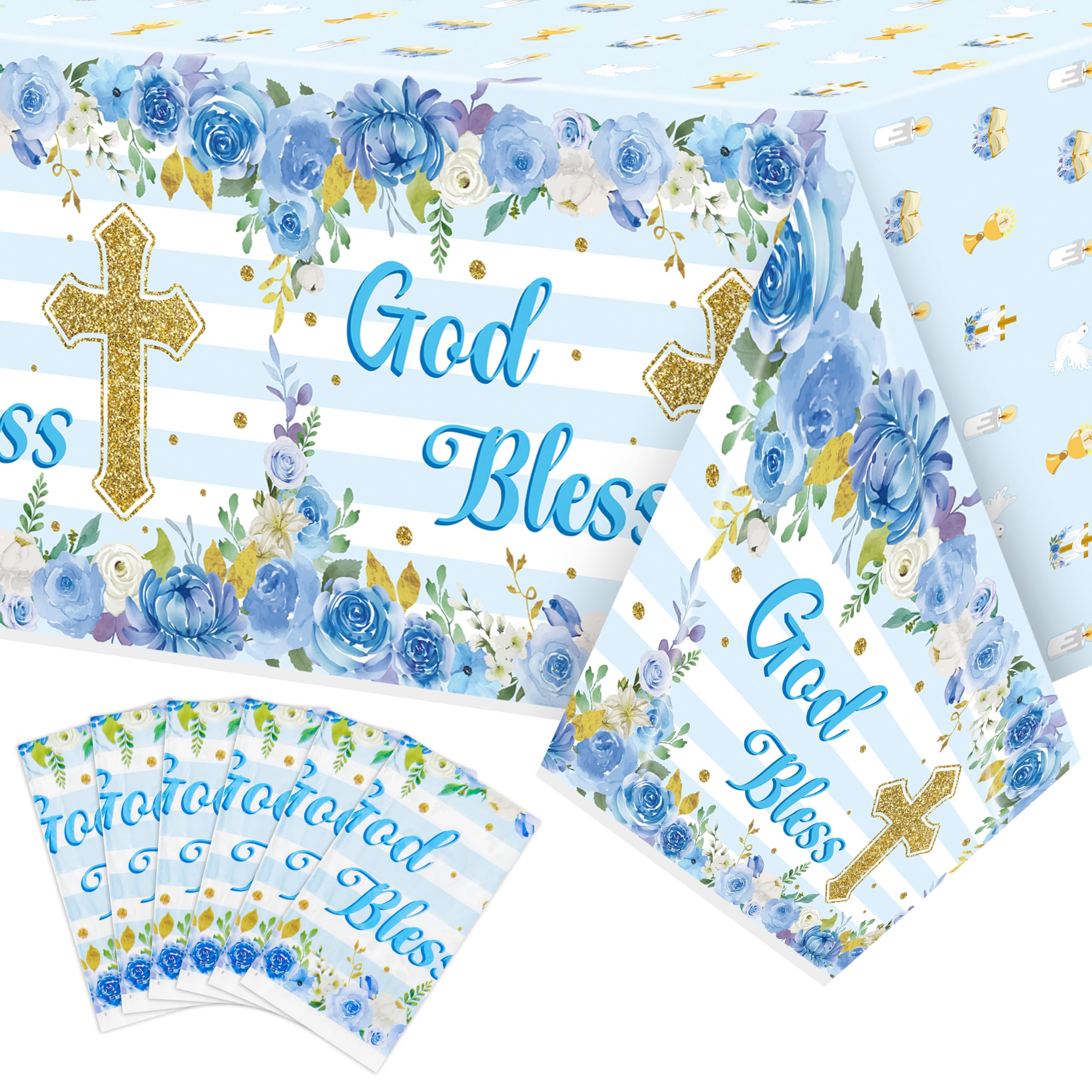 Paquete de 6 manteles de fiesta de bautizo, color azul, con temática de flores, desechables, impermeables, rectangulares, para niños, bebés, primera comunión, suministros para fiestas