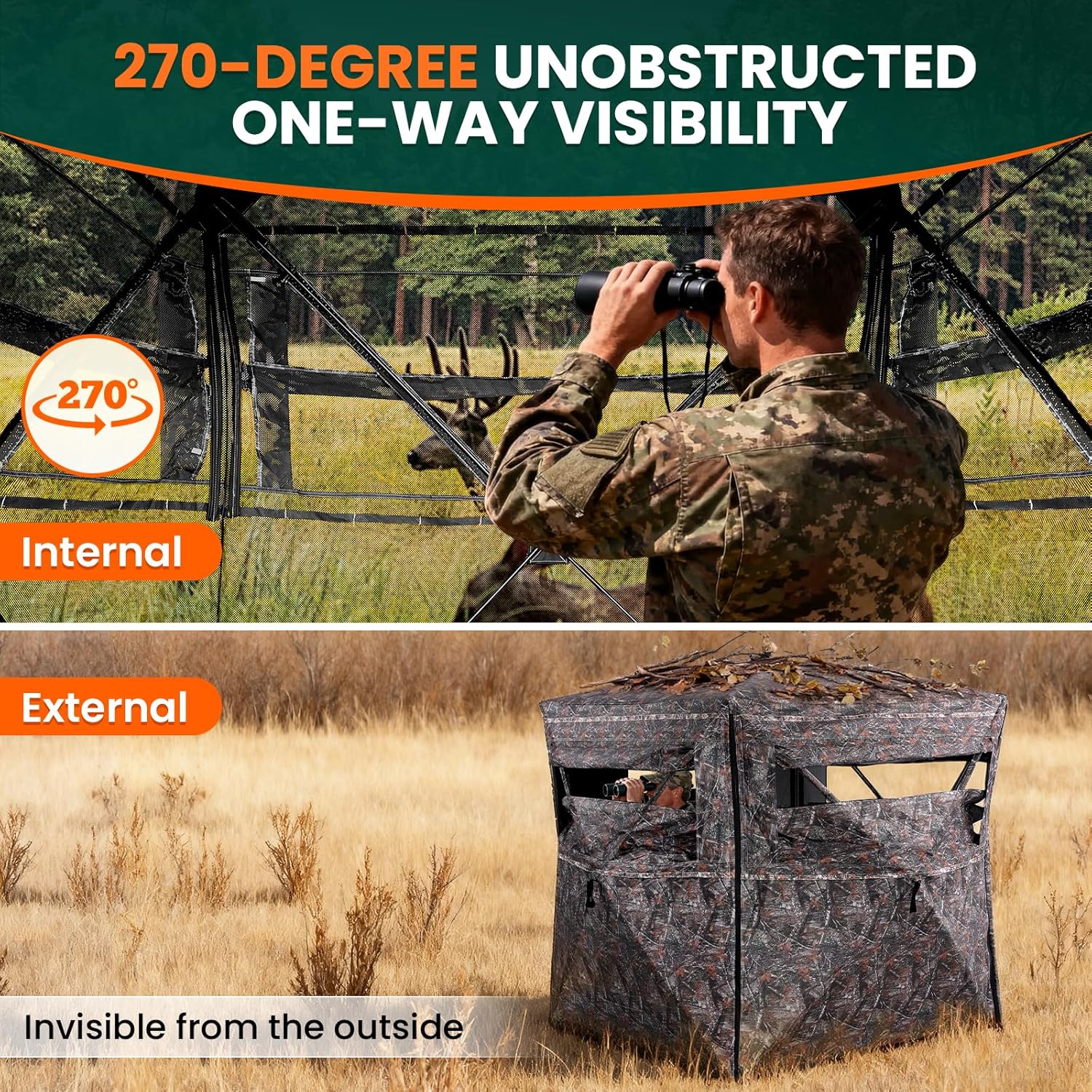 Hunting Blind with Floor Mat,2-3 Person Pop Up Deer Blind for Hunting with Carrying Bag,Portable Camouflage Concealed Ground Blind for Deer&Turkey Hunting