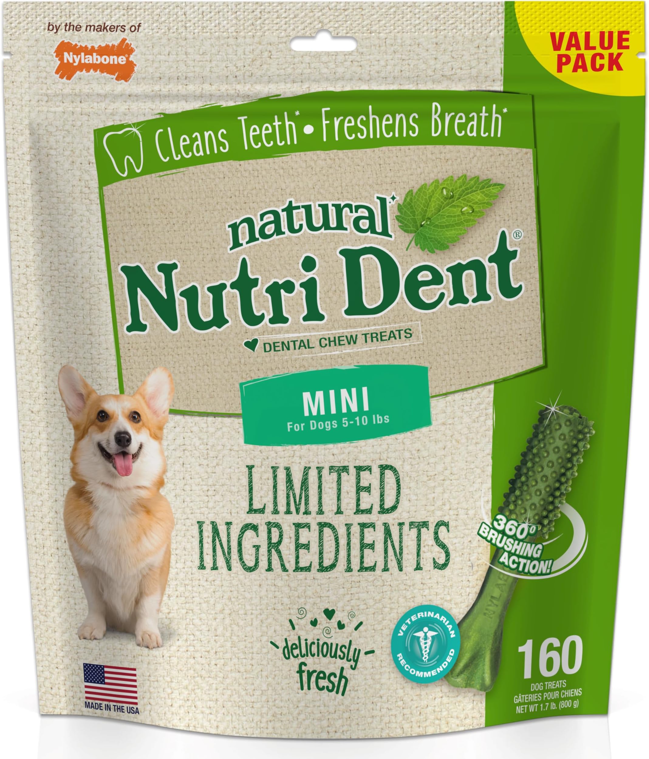 Nylabone Nutri Dent Natural Dental Fresh Breath Flavored Chew Treats Mini (160 Count)