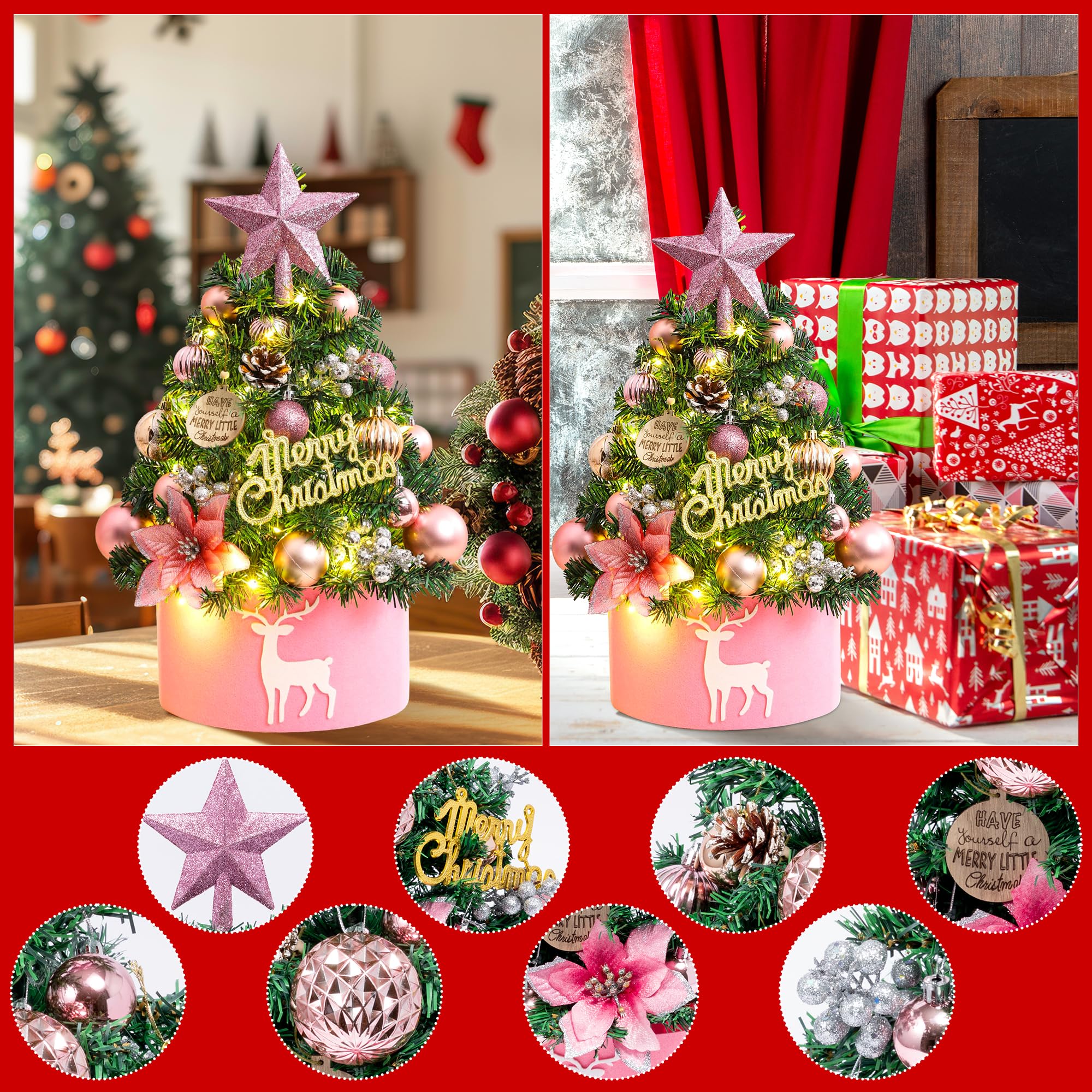 Mini Weihnachtsbaum mit Lichtern 45 cm Weihnachtskugeln Kugelschmuck Kleiner Weihnachtsbaum mit Stern als Baumspitze, Tannenzapfen für Weihnachten Büro, Esstischdekoration (Rosa)