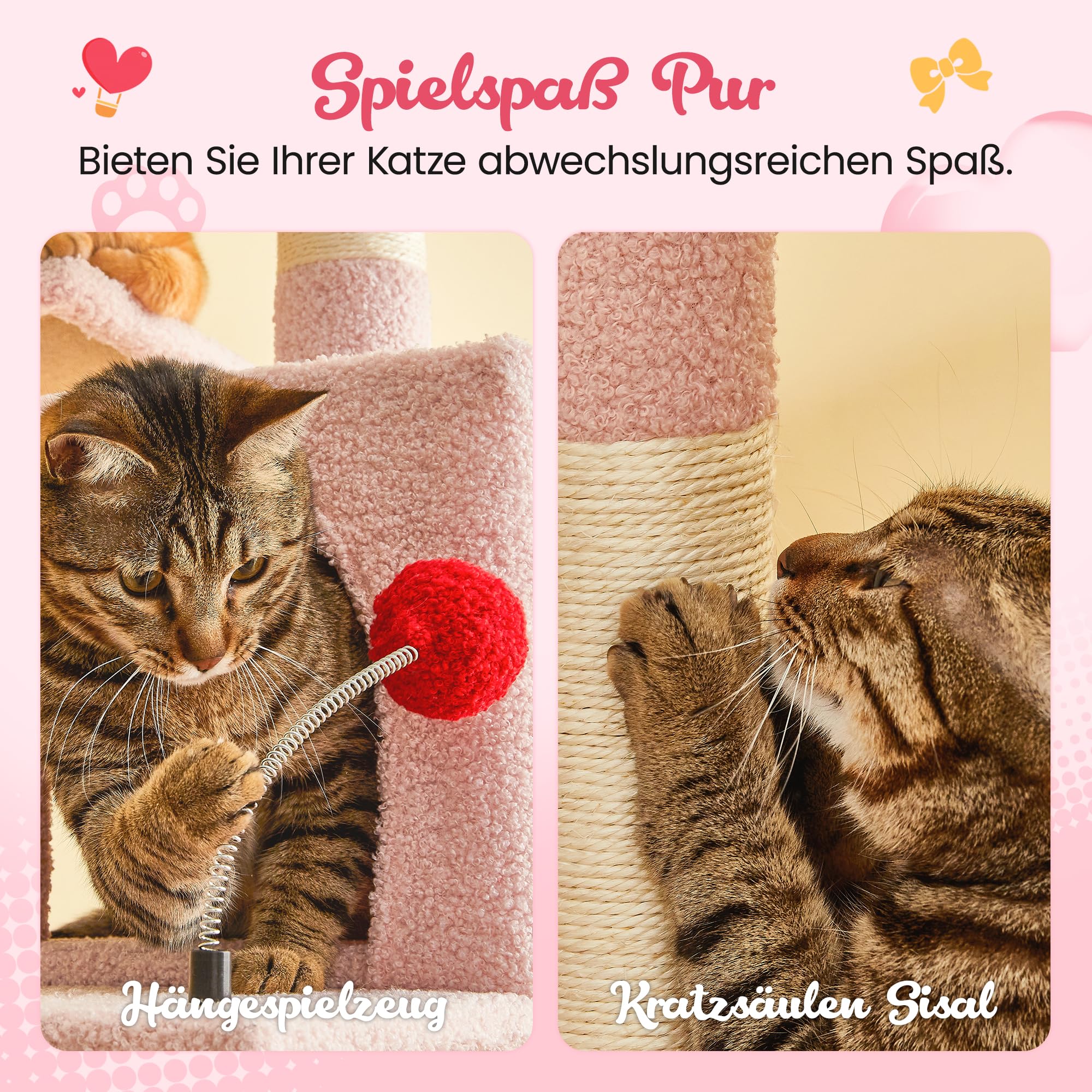 Rosa Kratzbaum, 163 cm Mehr-Ebenen-Turm für Wohnungskatzen mit Sisal-Kratzpfosten, gepolsterter Liegefläche, gemütlicher Hängematte und Spielzeug zum Jagen