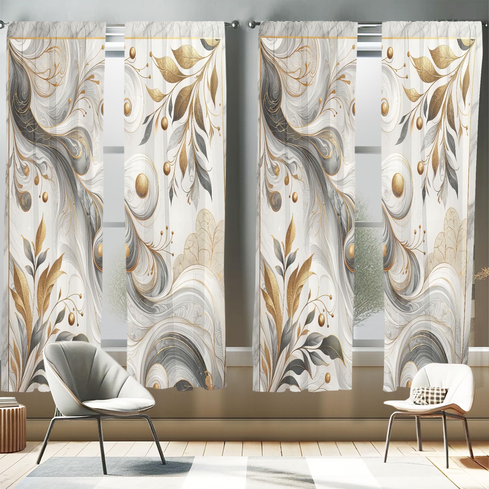 Ambesonne Marble Print Window Curtains Pack of 2, Surreal Swirls with Golden Yellow Tone Inspired Leaves Branches, Lightweight Set & Rod Pocket, 4
