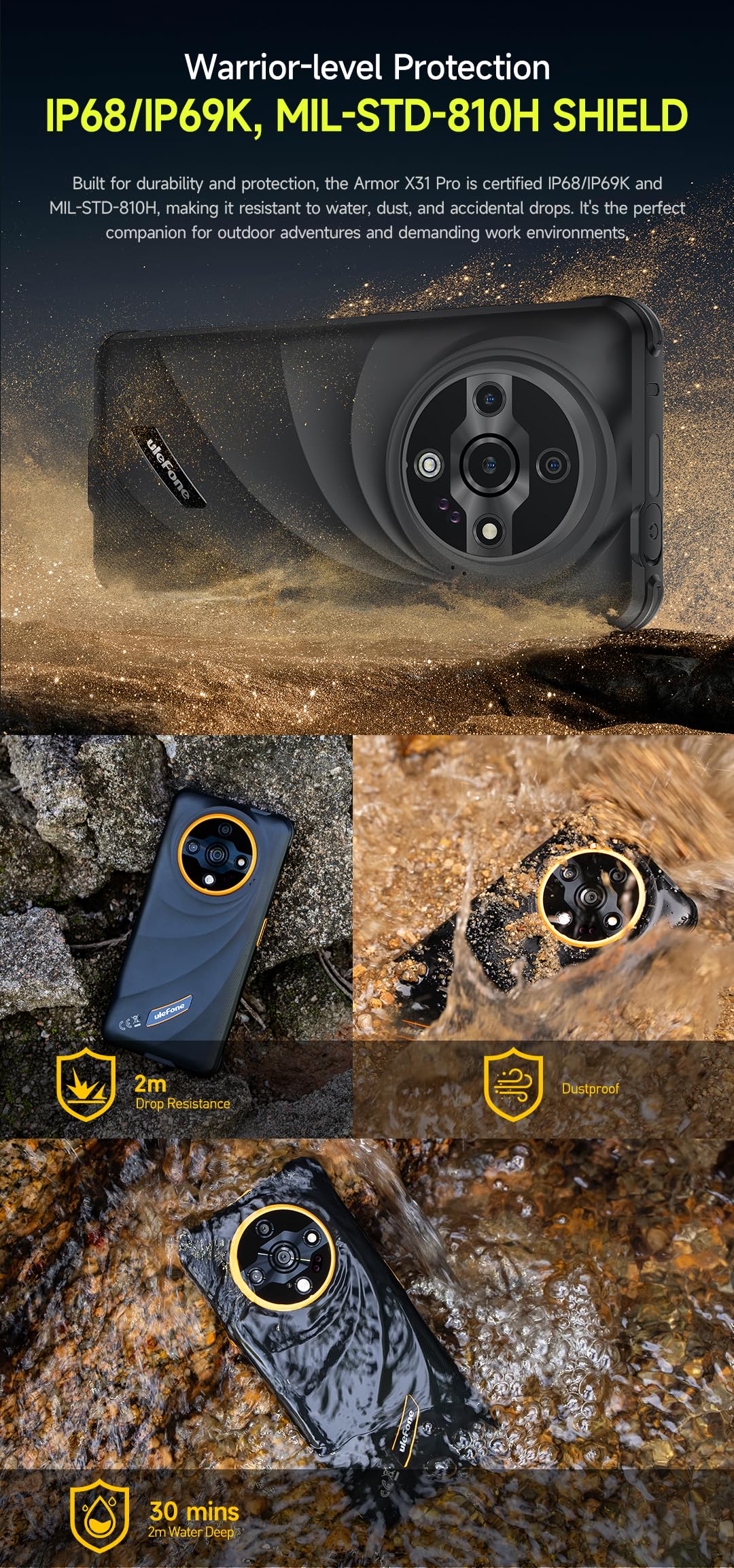 Ulefone Armor X31 PRO 5G Outdoor Smartphone Ohne Vertrag, 64MP+25MP Kamera (Nachtvision & Blendenblitz), 5G 16GB+256GB, 6,56" HD+120Hz, IP68 Android 14 Robustes Handy, 3 Kartenslot, GPS NFC Schwarz