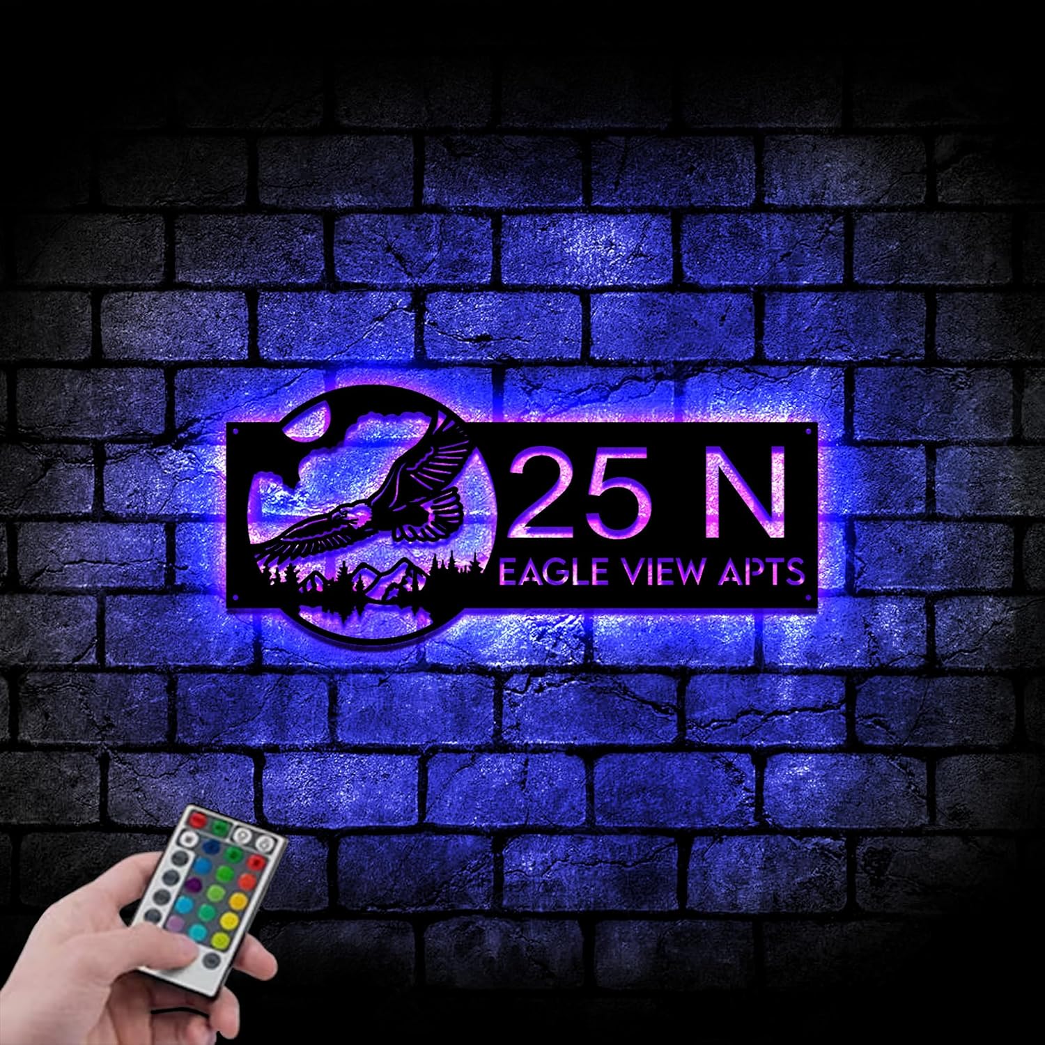 Personalized Eagle Flying Mountain Forest Scene Address Sign House Number Plaque Custom Metal Sign 8-36 inches Black Power Coated Home Outdoor Decor Housewarming Gifts with LED Light