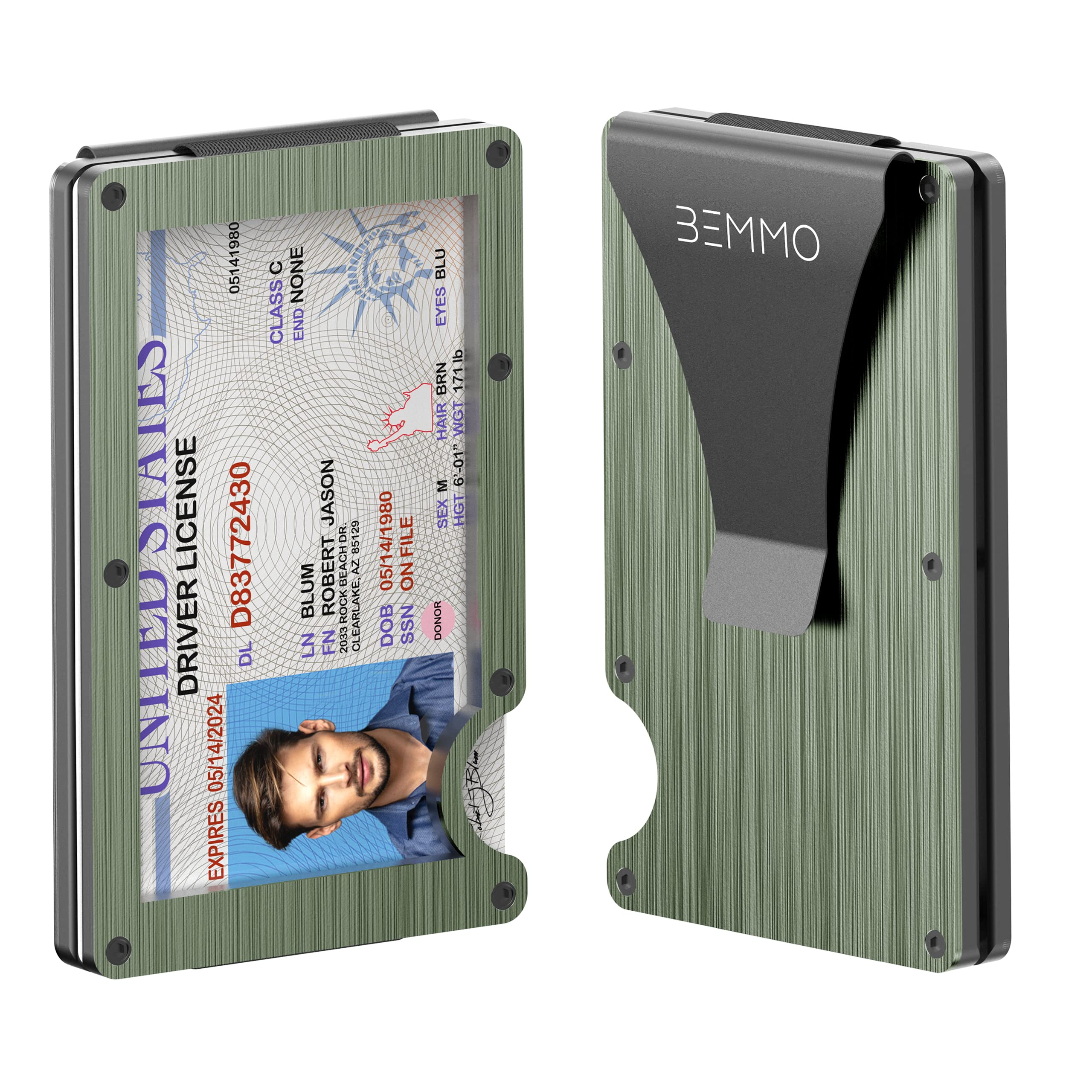 Bemmo Aluminum Card Holder Wallet With Money Clip | Slim Minimalist Wallet For Men Hold Up To 10 Card, With Show ID Window | Stylish ID Holder Great Gift Idea (Brushed army green)
