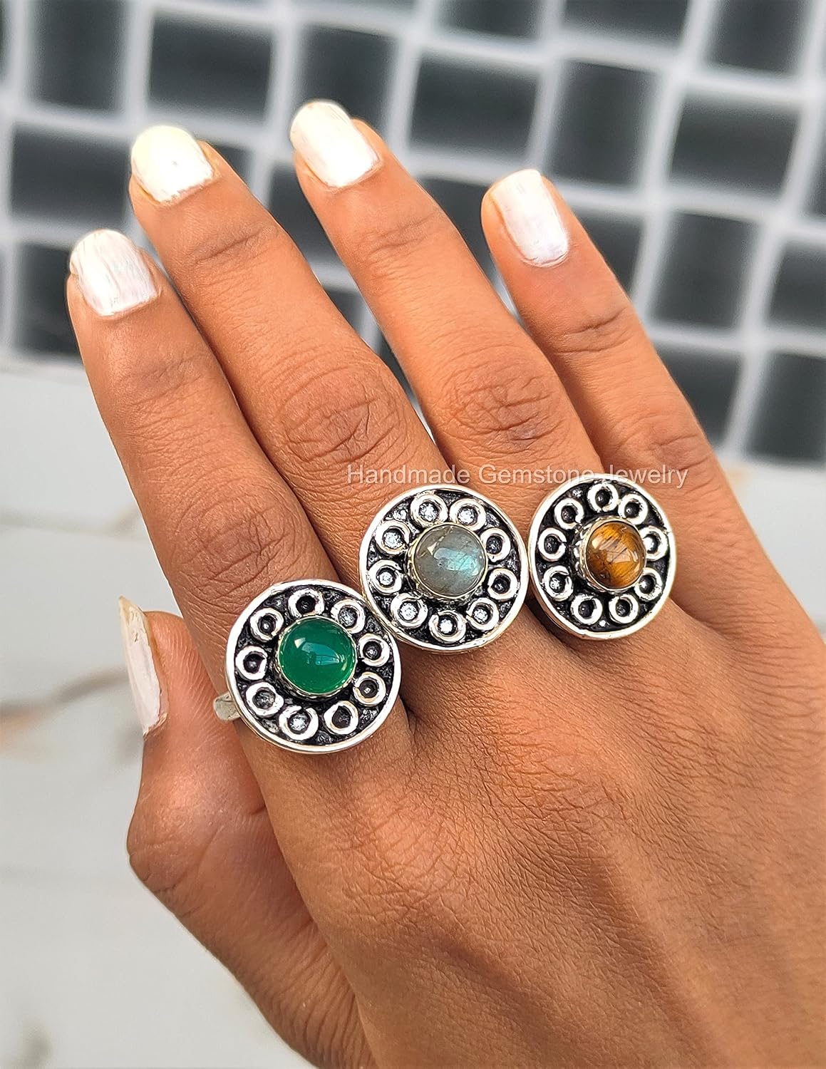 Handmade Boho Tiger Eye 925 Silver Plated Adjustable Ring - Natural Semi-Precious Gemstone Crystal Flower Ring for Women, Round Shape Statement Jewelry