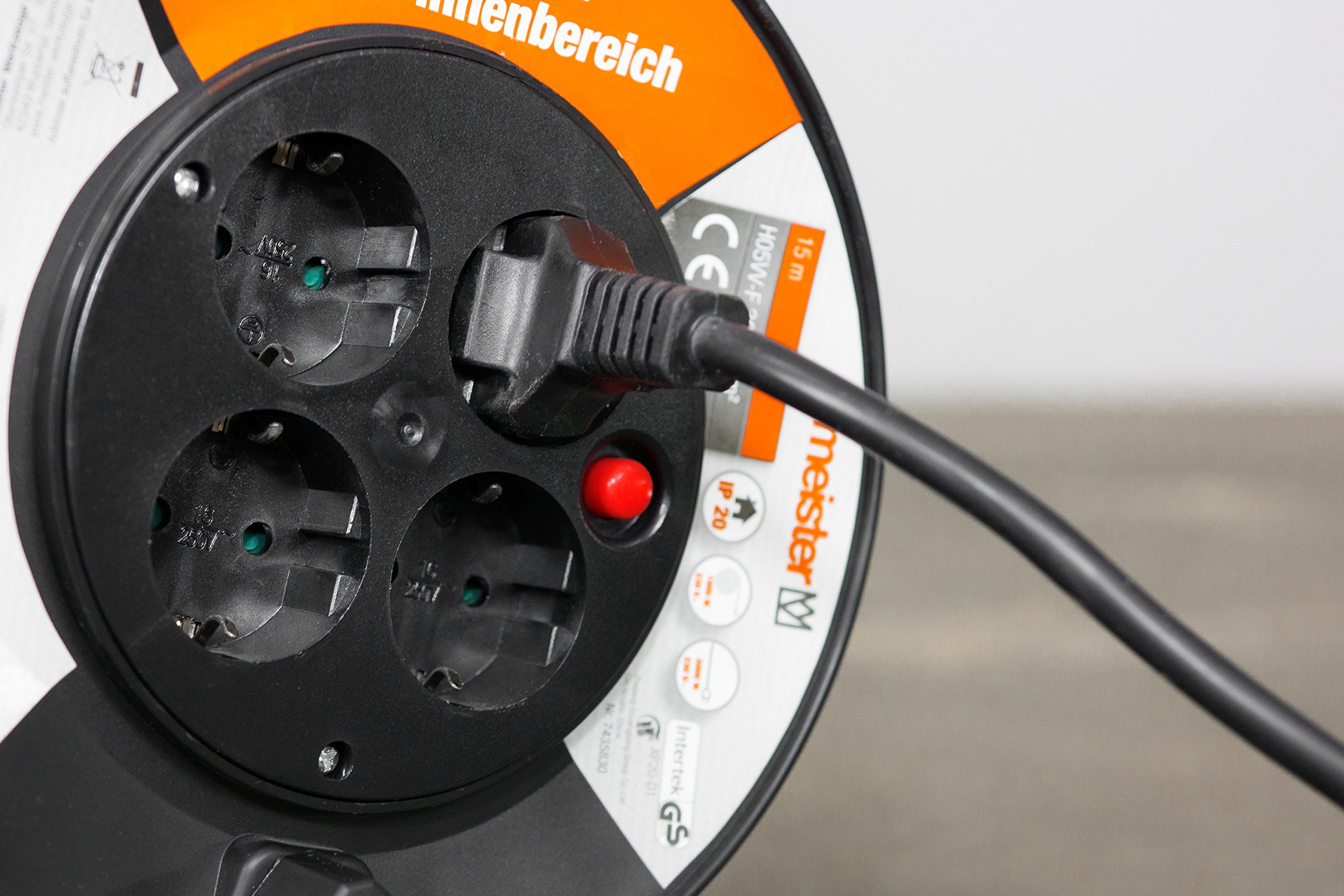 Meister Kabeltrommel Mini, H05VV-F3G1,5, IP20 - 15 m Kabel - Thermoschutz-Schalter - Indoor / Kabelrolle mit 4 Steckdosen / Kabelbox mit Verlängerungskabel / Leitungsroller mit Kurbel / 7435830
