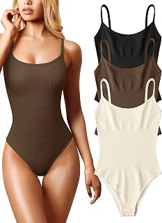 Women's 3 Piece Bodysuits Sexy Ribbed Sleeveless Adjustable Spaghetti Strip Tops Shapewear Bodysuits