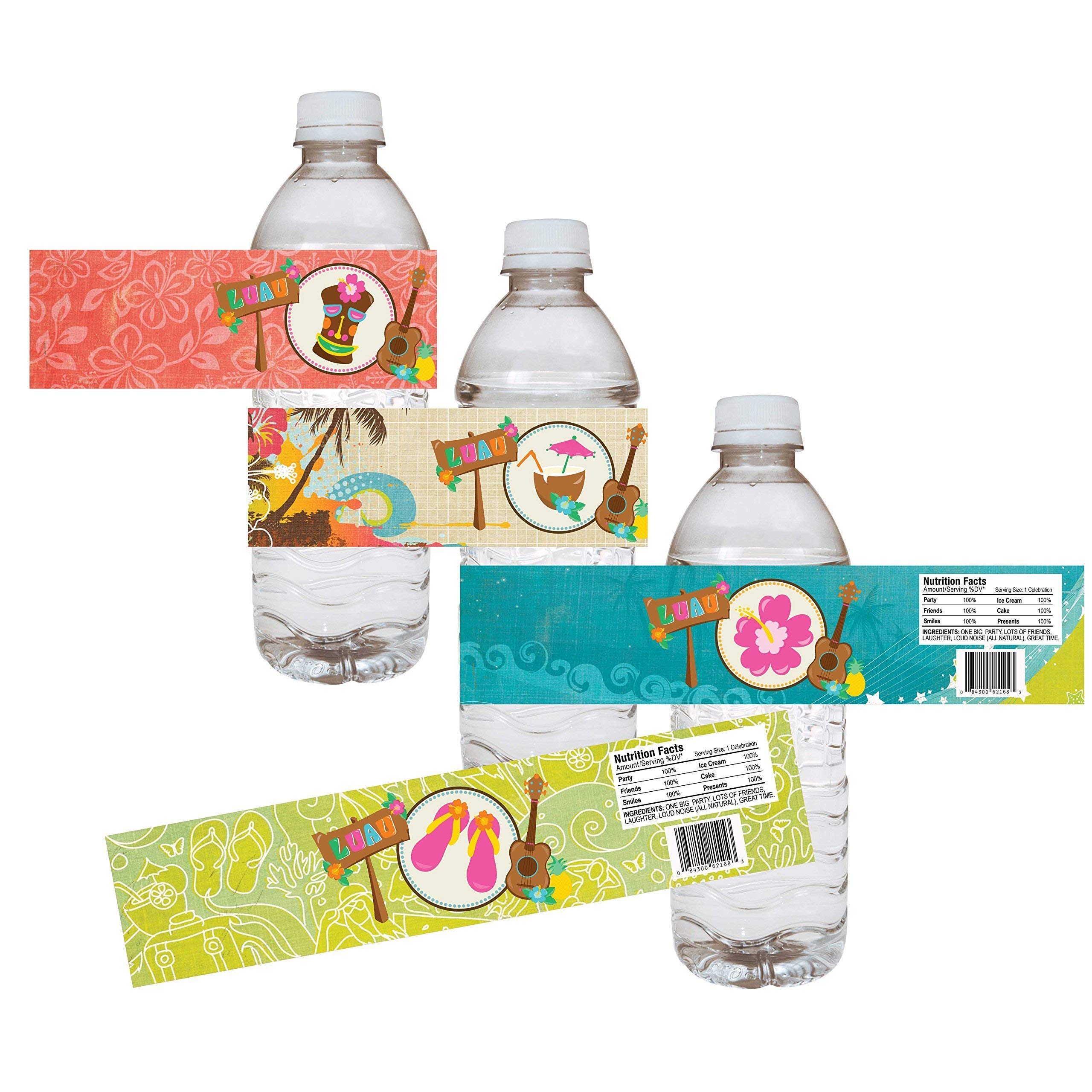 Adore By Nat Luau Party Water Bottle Labels Summer Tiki Aloha Hawaii Tropical Island Drink Stickers - Set of 12