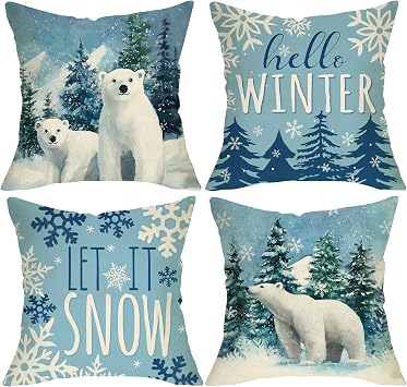 Hello Winter Polar Bear Blue Decorative Throw Pillow Covers