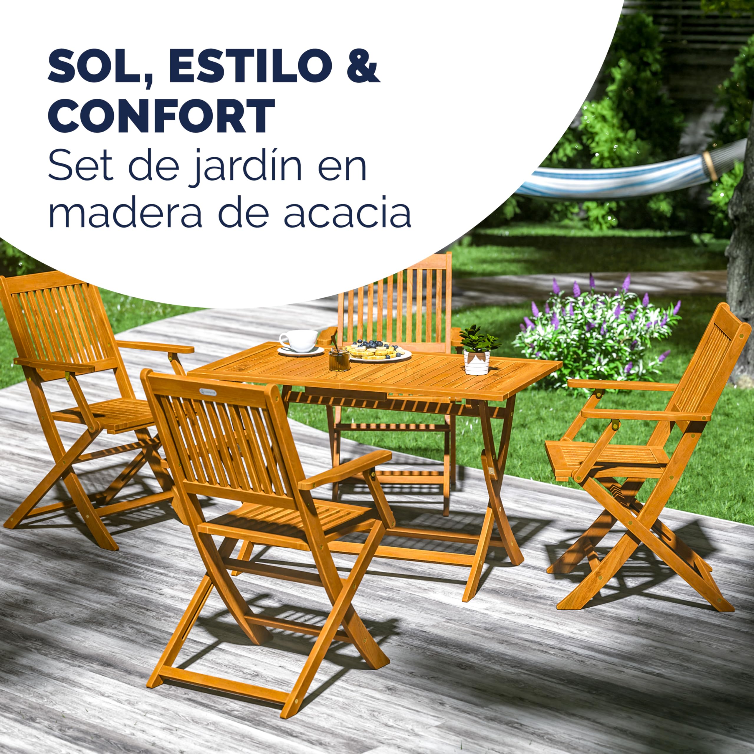 CASARIA® Conjunto Jardín Exterior Mesa 4 Sillas Madera Acacia FSC® Juego Comedor Patio Terraza Balcón Set 5 Piezas Tablero Asientos Plegables Reposabrazos Resistente Intemperie Robusto 120x70cm