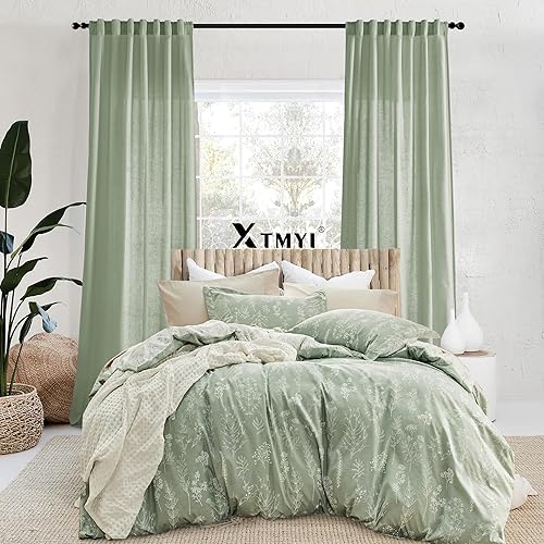 Miniatura 7 de Cortinas traslúcidas de lino bohemio verde salvia de 63 pulgadas de largo para dormitorio, juego de 2 paneles con ganchos con pestaña trasera,