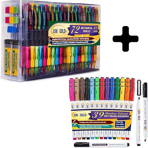 June Gold 32 marcadores de borrado en seco Bullet en 13 colores únicos y 72 lápices mecánicos, plomo HB #2 de 0.035 in, repuestos adicionales