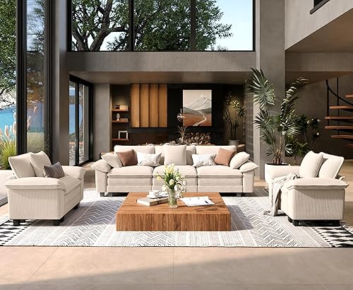 Miniatura 37 de Juego de sofá y sofá cama, asiento modular de chenilla extragrande y sofá de 3 plazas con almohadas, juego de muebles de sofá seccional moderno de