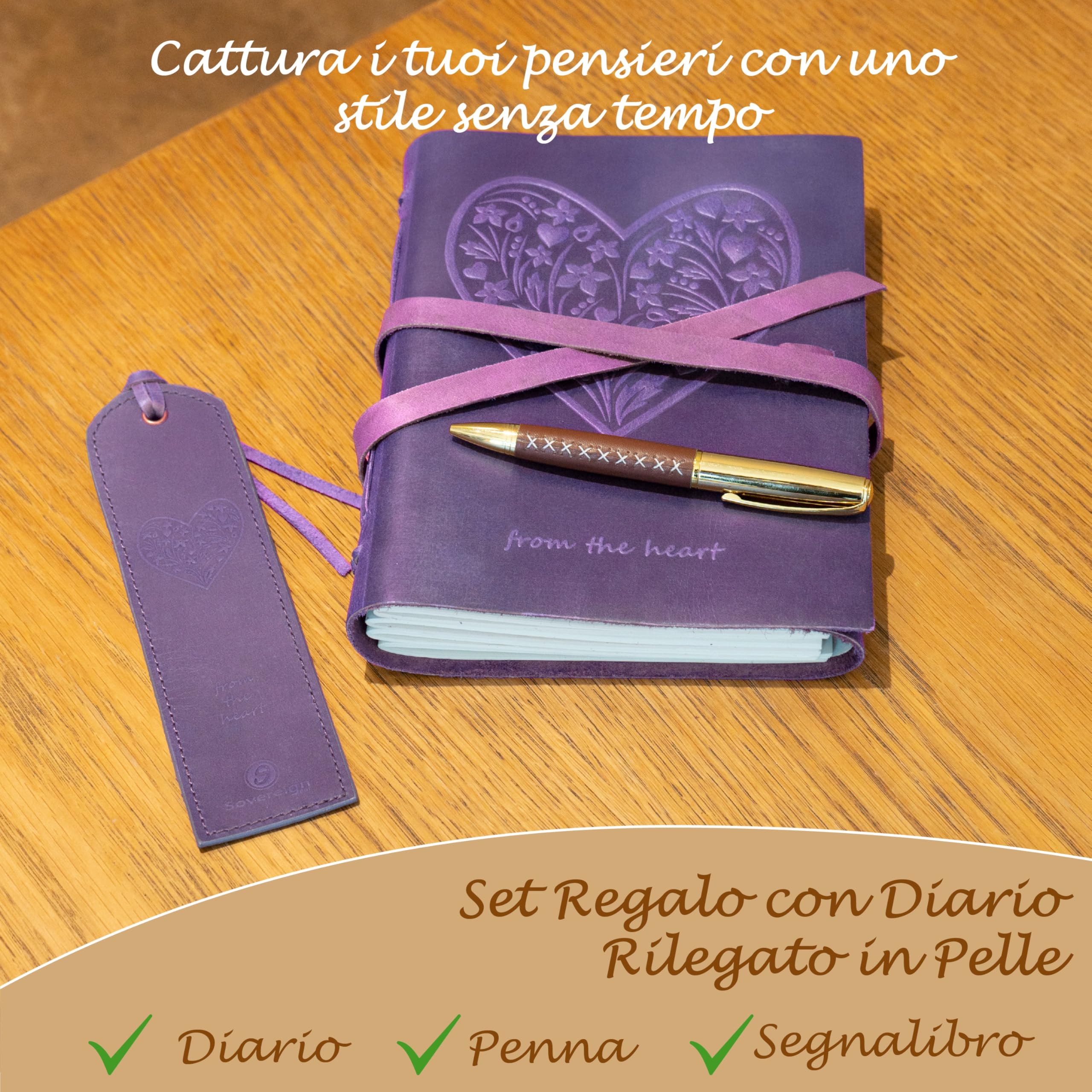 Leather Journal Embossed Purple Heart Gift Set + Antique Leather Bookmark + Pen, Handmade Writing Notebook 8x6 Inches Unlined Bound Daily Notepad For Men & Women, Luxury Gift Box for all ages
