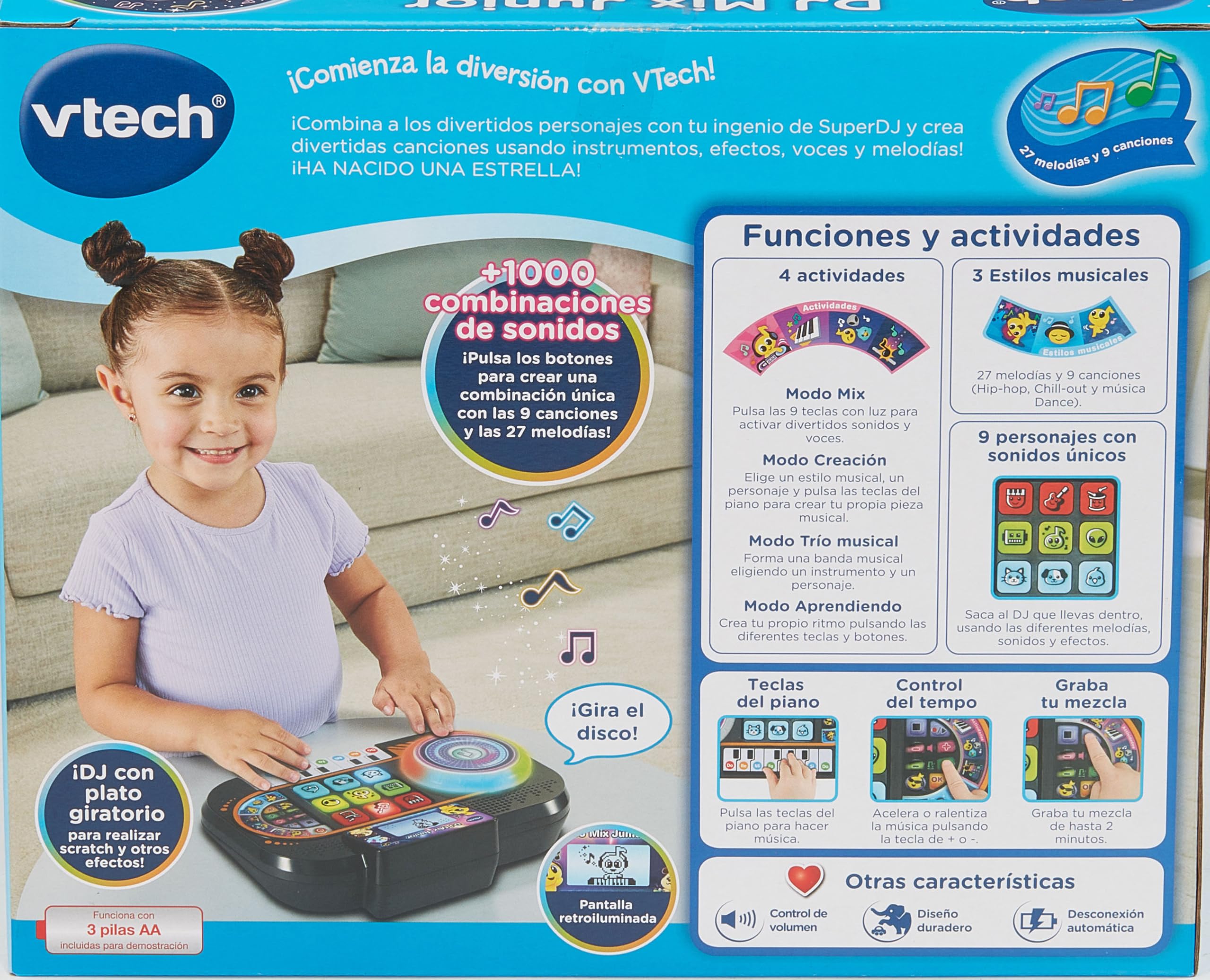 VTech - DJ Mix Junior Mesa de Mezclas Infantil, Juguetes Electrónicos Niños +3 Años, Panel Luminoso, Disco Scratch, Piano con 8 Teclas, 9 Canciones, 27 Melodías y Minijuegos, Versión ESP