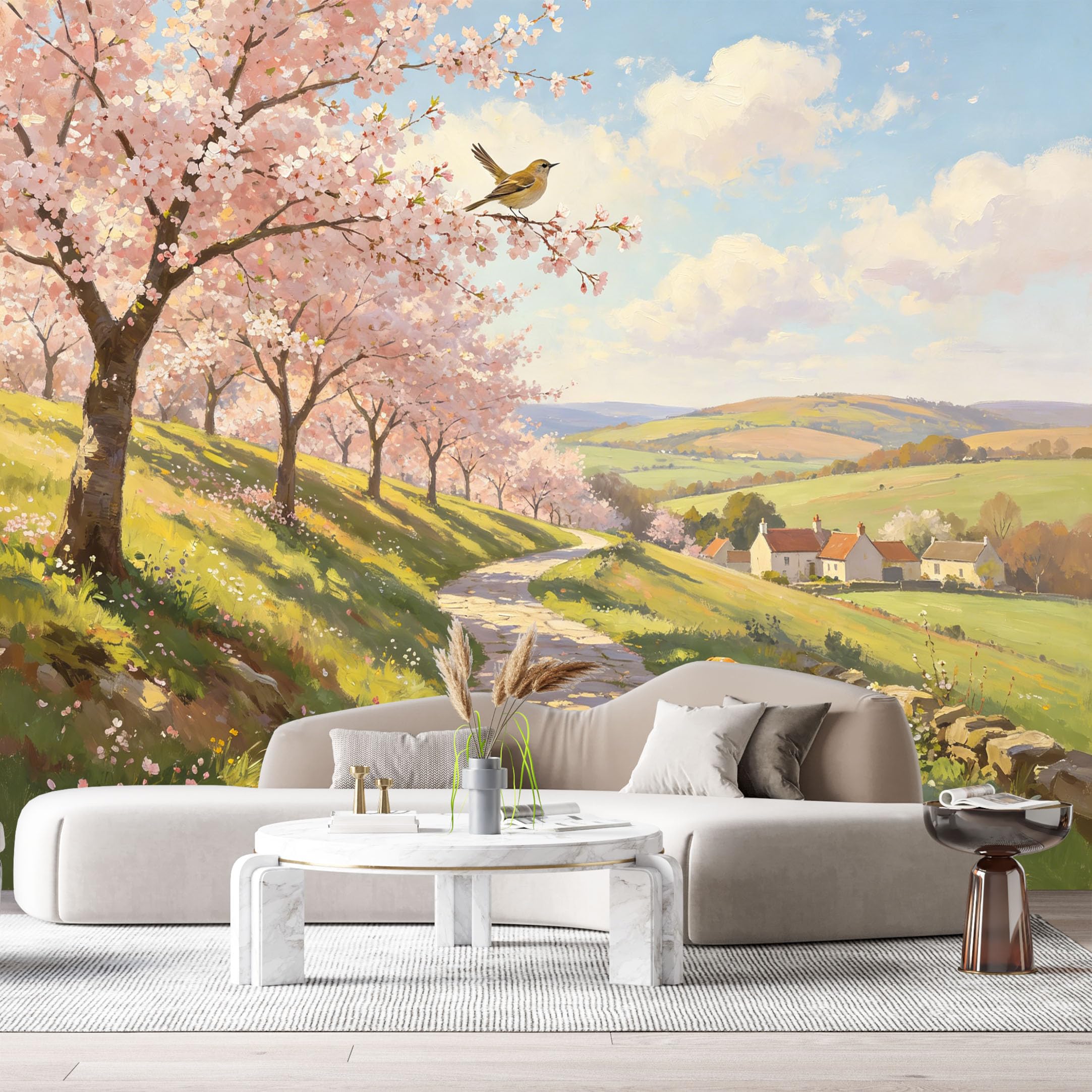 Custom Size Wall Murals Botanical Landscape Oil Painting Cherry Blossom Tree Stone Path Dog SelfAdhesive Wall Fabric Removable Large Wallpaper for Photo Living Room