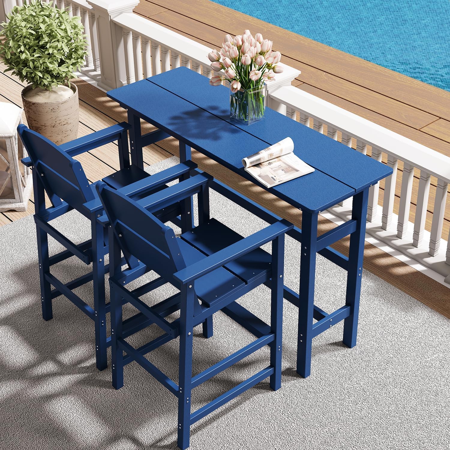 NAVINE Bar Height Patio Table and Chairs Set, HDPE Outdoor Adirondack Bar Chairs and Table, All-Weather Patio Furniture for Poolside, Backyard, Garden, High Top Patio Bar Set (Navy Blue, 3-Piece)