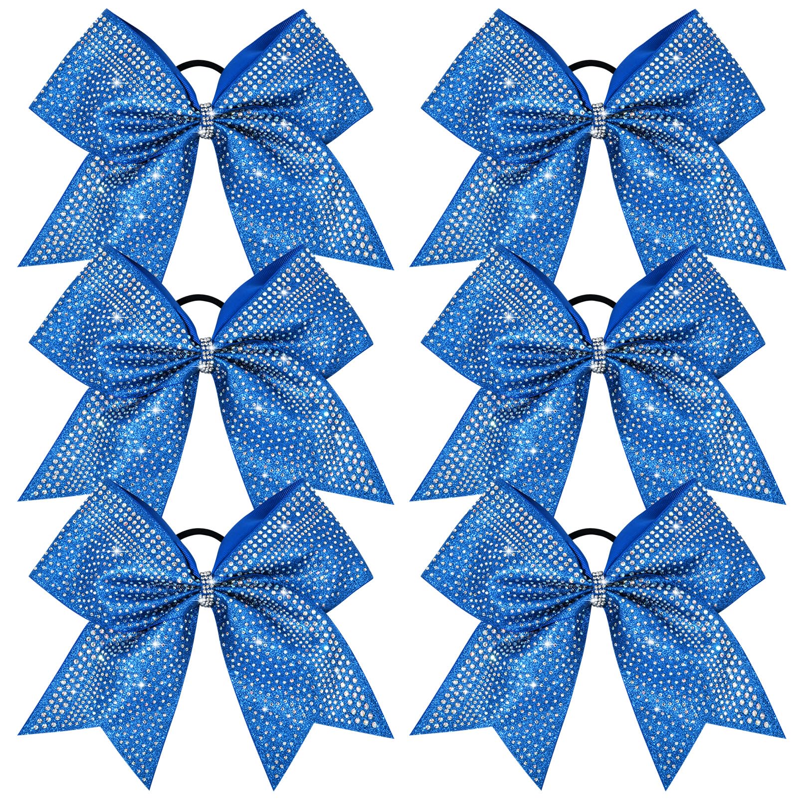 DEEKA 6PCS 8" Large Glitter Cheer Bows with Full Rhinestones Colorful Shimmer Shiny Cheer Hair Bows Elastic Band Ponytail Holder for Cheerleader Girls