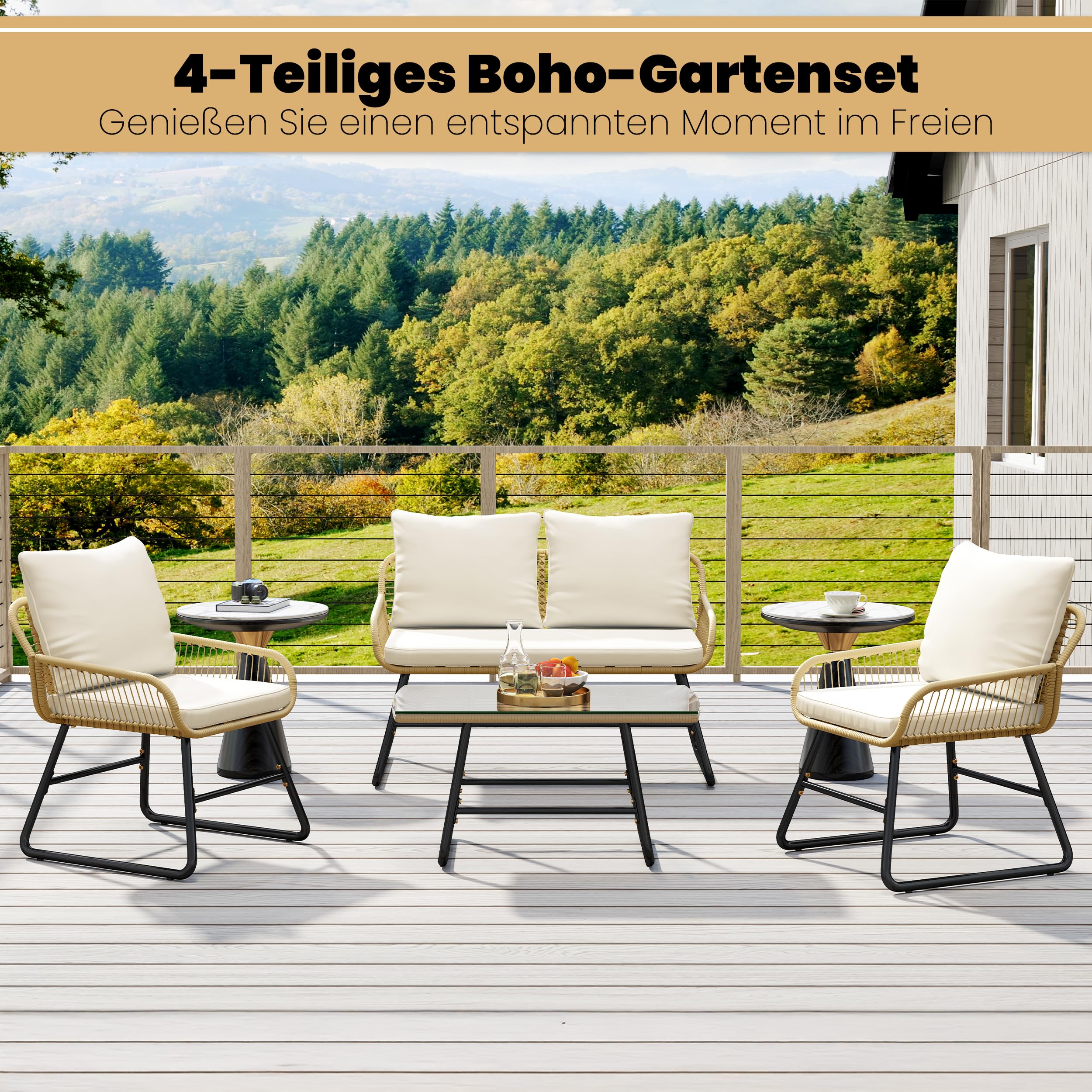 Yaheetech Polyrattan Gartenmöbel Set 4-teilig, Balkonmöbel Lounge-Set inkl.2-Sitzer 2 Sessel Tisch, Wetterfest Terrassenmöbel Sitzgruppe mit Kissen für Balkon Garten, Hellbraun & Cremeweiß