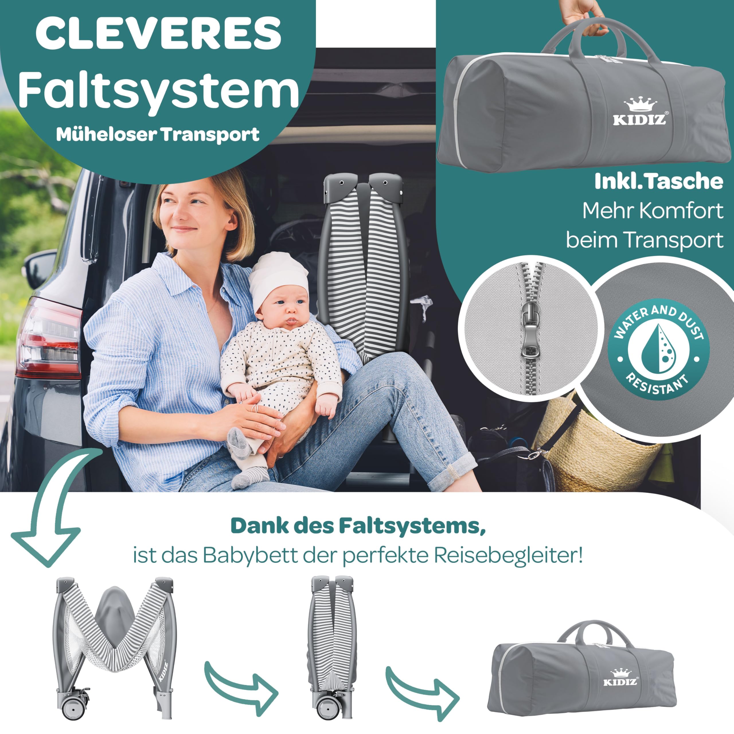 Kidiz Babybett Reisebett klappbar mit Matratze & Räder 120x60 Seiteneingang Wickelauflage Moskitonetz Tragetasche ab Geburt bis 15 kg Grau