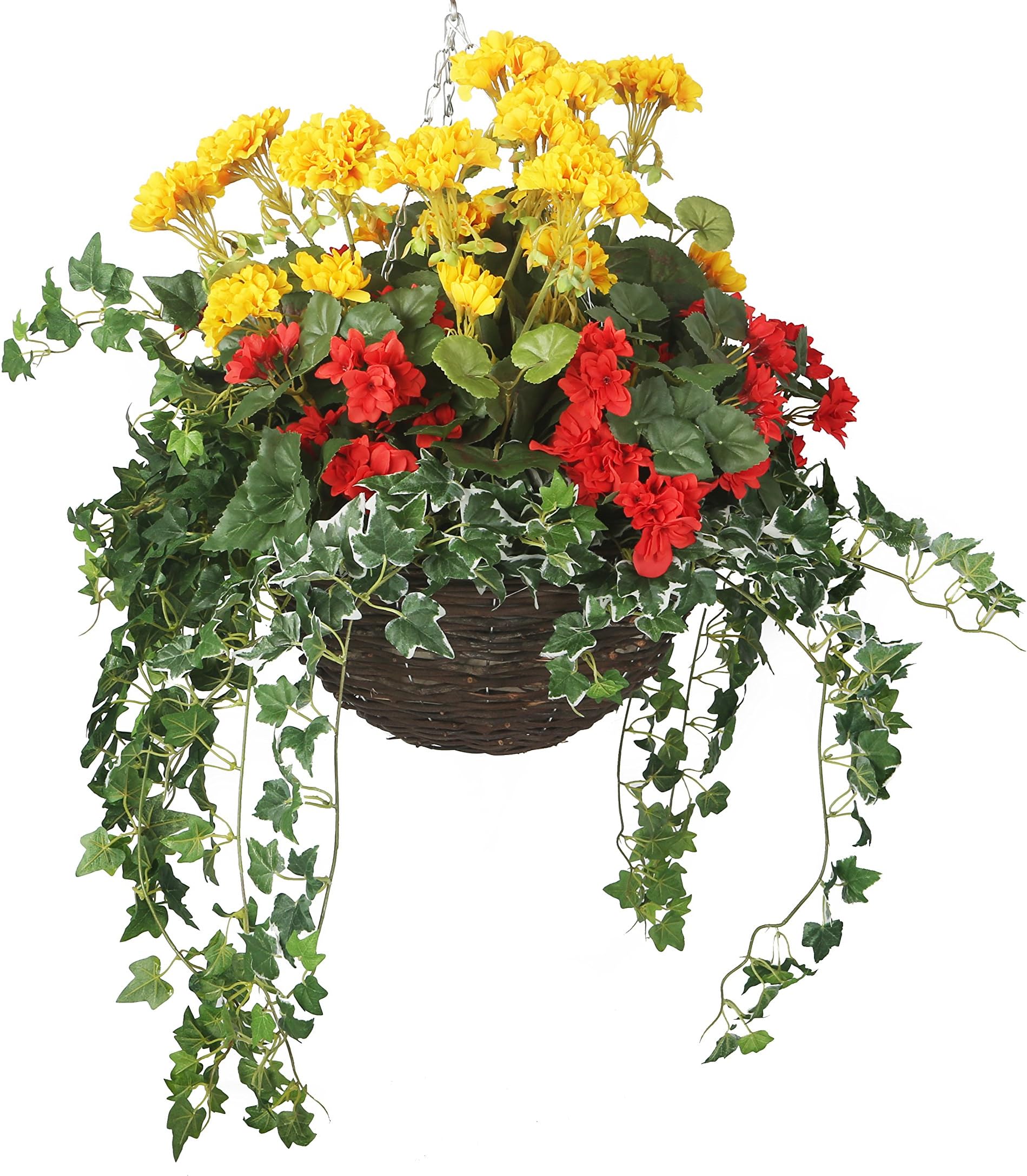Closer2Nature Artificial Begonia Geranium Display in a 14" Round Willow Hanging Basket, Red and Yellow, Large, HBKNL23
