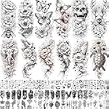 71 Sheets Rose Peony Flower Temporary Tattoos For Women Adults, Black Florals Half Arm Sleeve Realistic Temp Bulk Fake Tattoo Stickers Butterfly Ship Bee Carp Turtle Elephant Whale Spider Web Skull