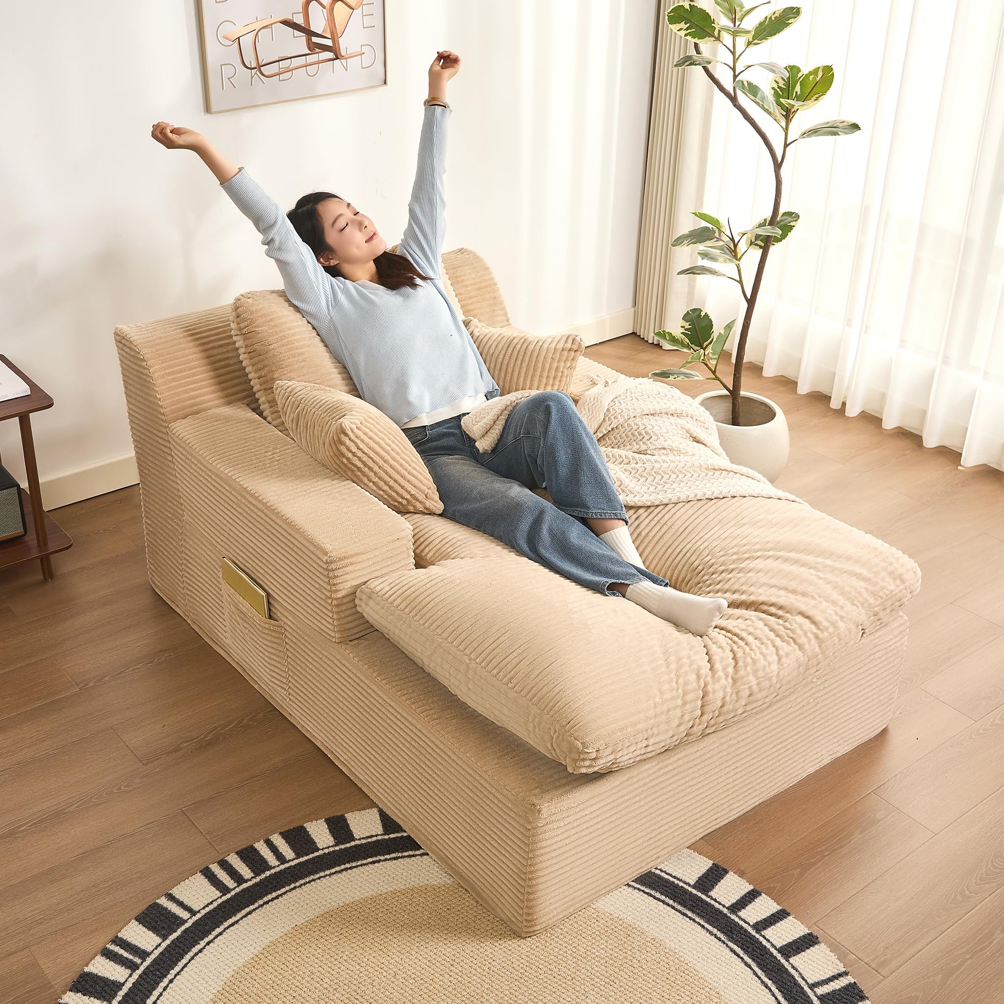 63" Oversized Chaise Lounge Chair Indoor, Extra Cloud Layer, Convertible Sleeper Sofa Couch with Removable Pillows & Side Pockets, Corduroy Upholstered Sofa Bed with Armrests for Living Room, Camel