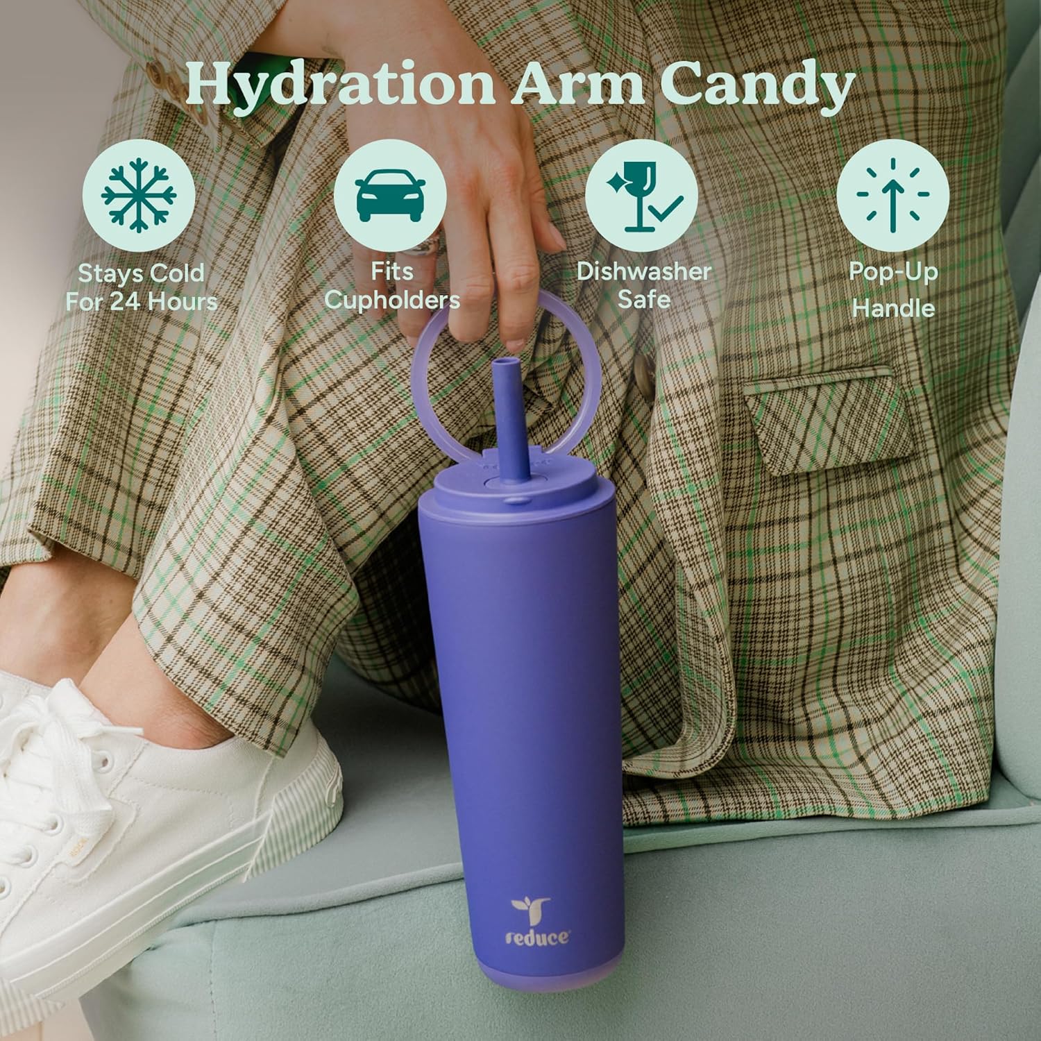 REDUCE Halo 24 oz Stainless Steel Vacuum Insulated Tumbler - Spill Proof Travel Mug with Flip Handle Lid - Keeps Drinks Cold for 32 Hrs - Dishwasher Safe - Cupholder Friendly - Unbleached - Image 3