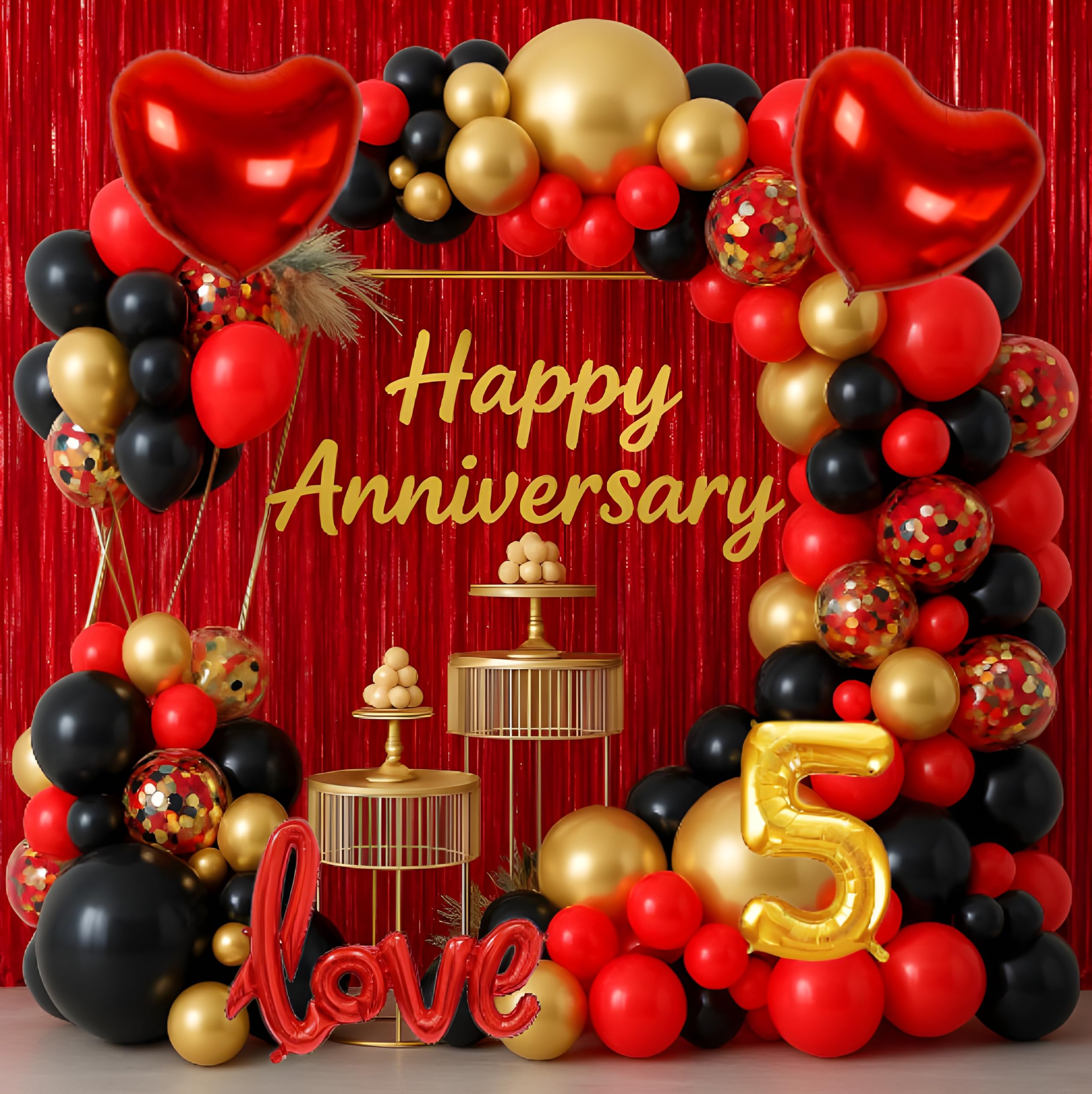 GROOVY DUDZ 5th Happy Anniversary Decoration Kit – 55 Pcs | Gold & Red Balloon, Heart Foil & Metallic Balloons | Romantic Décor Set for 1st, 25th, 50th Wedding Anniversary, Husband & Wife Party Combo
