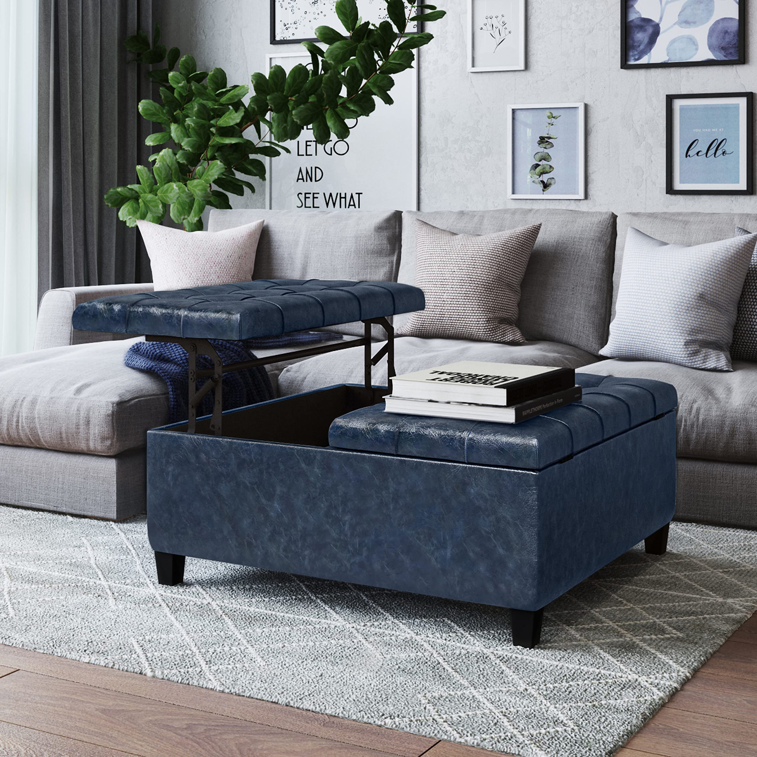 simplihome harrison 36 inch wide square coffee table lift top storage ottoman, cocktail footrest stool in upholstered blue tufted faux leather for the living room, traditional