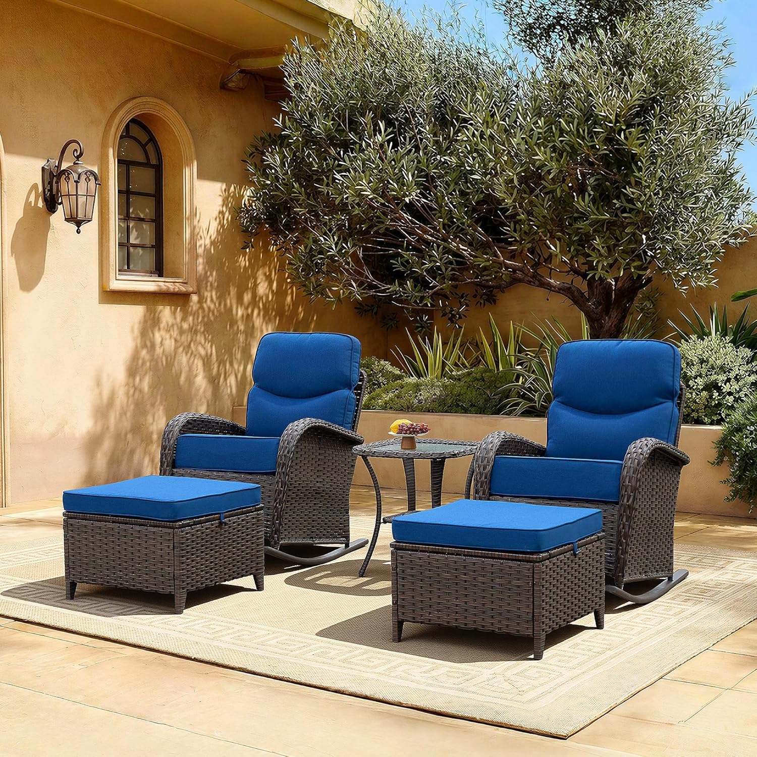 Luxury Patio Furniture Set with 6" Thick Cushions, High Back Outdoor Rocking Chairs and Ottomans, 5 Pieces All Weather Conversation Set for Porch Deck Poolside Yard (Blue)