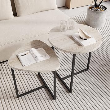 HOJINLINERO Round Coffee Table Set of 2 End Tables for Living Room,Black Small Coffee Table Living Room Table,Metal Frame & Wood Look,Sturdy and Easy Assembly,Stacking Side Tables Bedroom,White