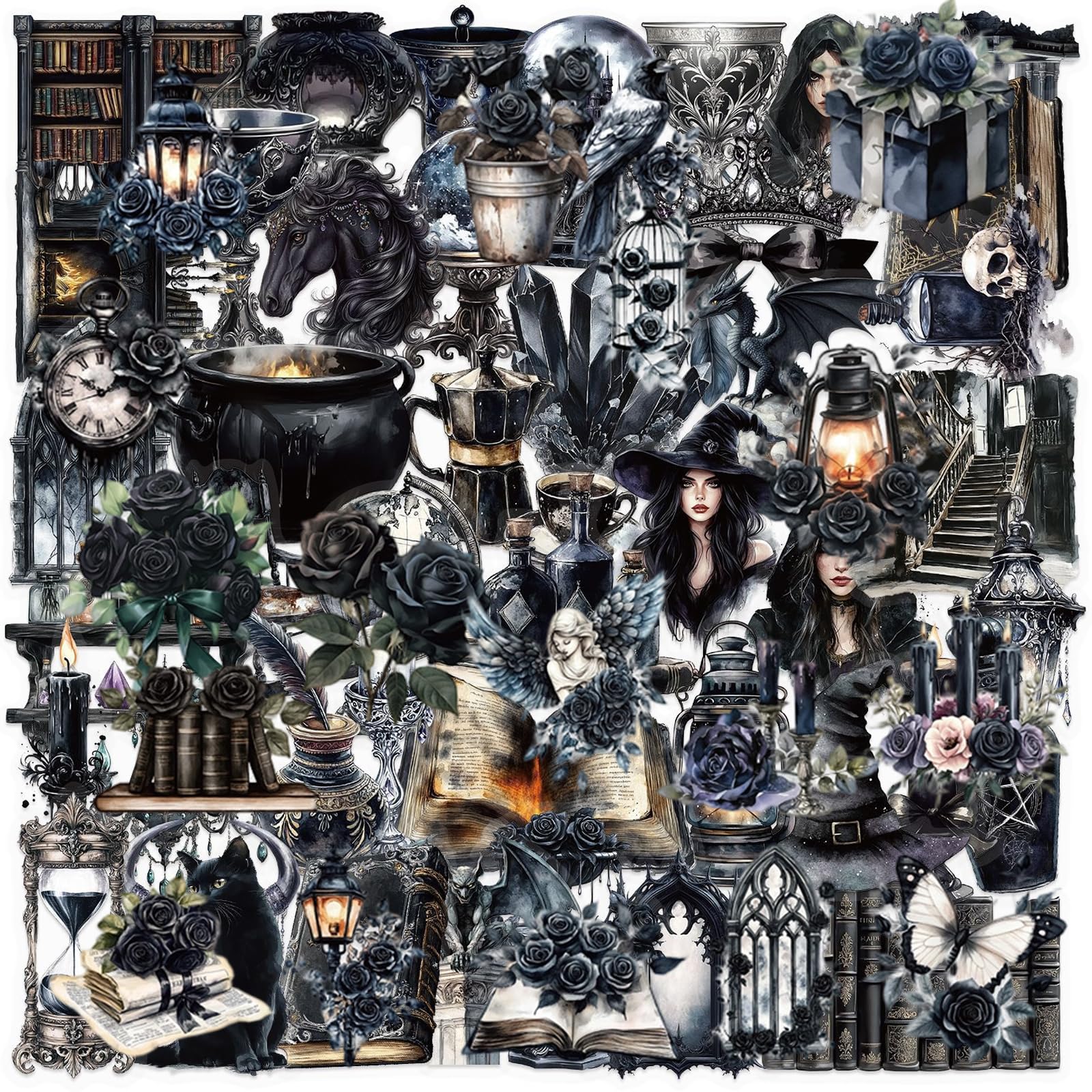 EDLMKM 100Pcs Black Aesthetic Stickers, Waterproof Gothic Witch Aesthetic Stickers Set, for Laptop, Computer, Luggage, Skateboard, Water Bottles, Scrapbook, Travel Cases, Phone Cases, Scrapbooking