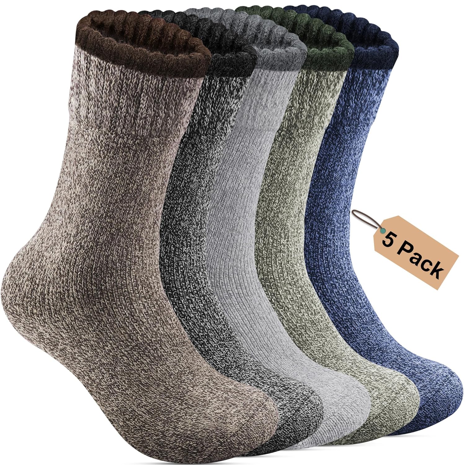 5 Pack Merino Wool Socks - Mens Winter Warm Thermal Hiking Socks for Camping and Cozy Wear