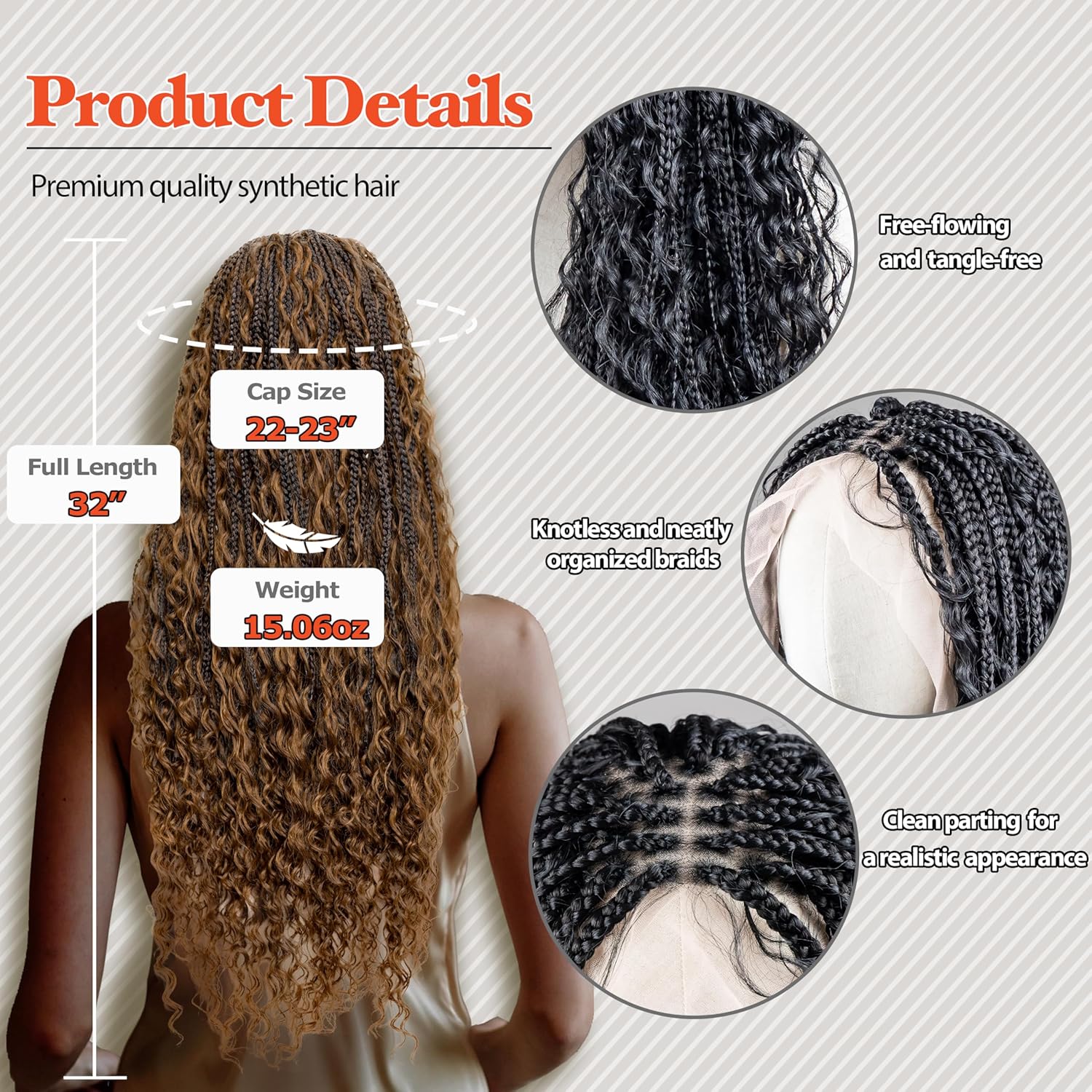 Micro Boho Box Braided Wig - Synthetic Knotless Braided Wigs for Black Women - Full Lace 360 Wig with Natural Baby Hair (#1B30 Off Black and Brown, 24")